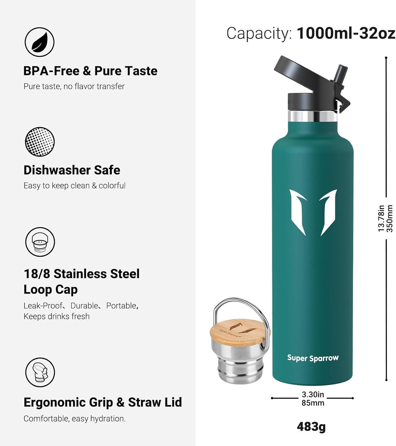 image:imageSuper Sparrow Gourde Isotherme Bouteille Isotherme 350ml500ml 620ml750ml1L tanche Sport Gourde INOX Bouche Standard Gourde Enfant sans BPA Pour Plein Air amp Quotidien Avec 2 BouchonsVert Fonc