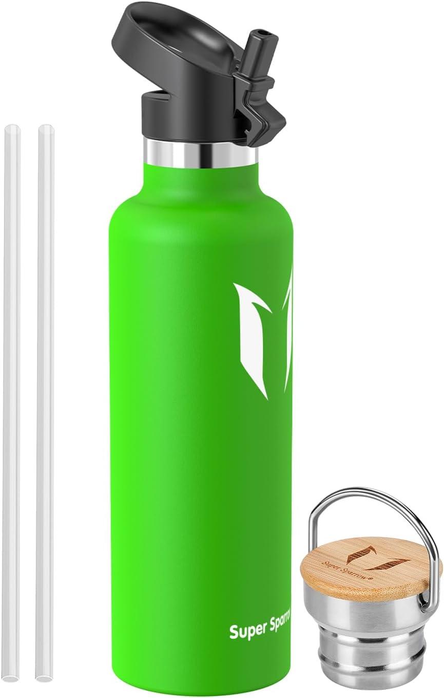 image:imageSuper Sparrow Gourde Isotherme Bouteille Isotherme 350ml500ml 620ml750ml1L tanche Sport Gourde INOX Bouche Standard Gourde Enfant sans BPA Pour Plein Air amp Quotidien Avec 2 BouchonsPomme Verte