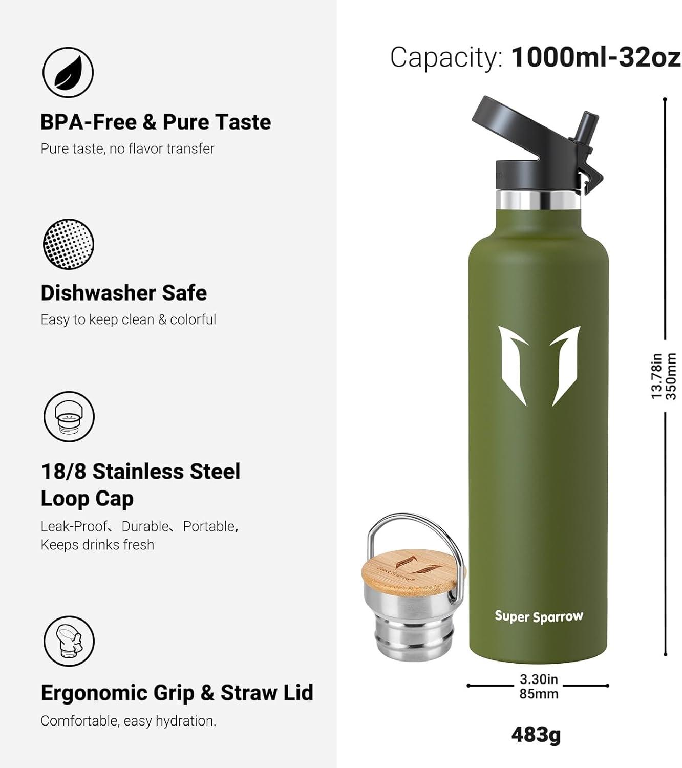 image:imageSuper Sparrow Gourde Isotherme Bouteille Isotherme 350ml500ml 620ml750ml1L tanche Sport Gourde INOX Bouche Standard Gourde Enfant sans BPA Pour Plein Air amp Quotidien Avec 2 BouchonsArme Verte