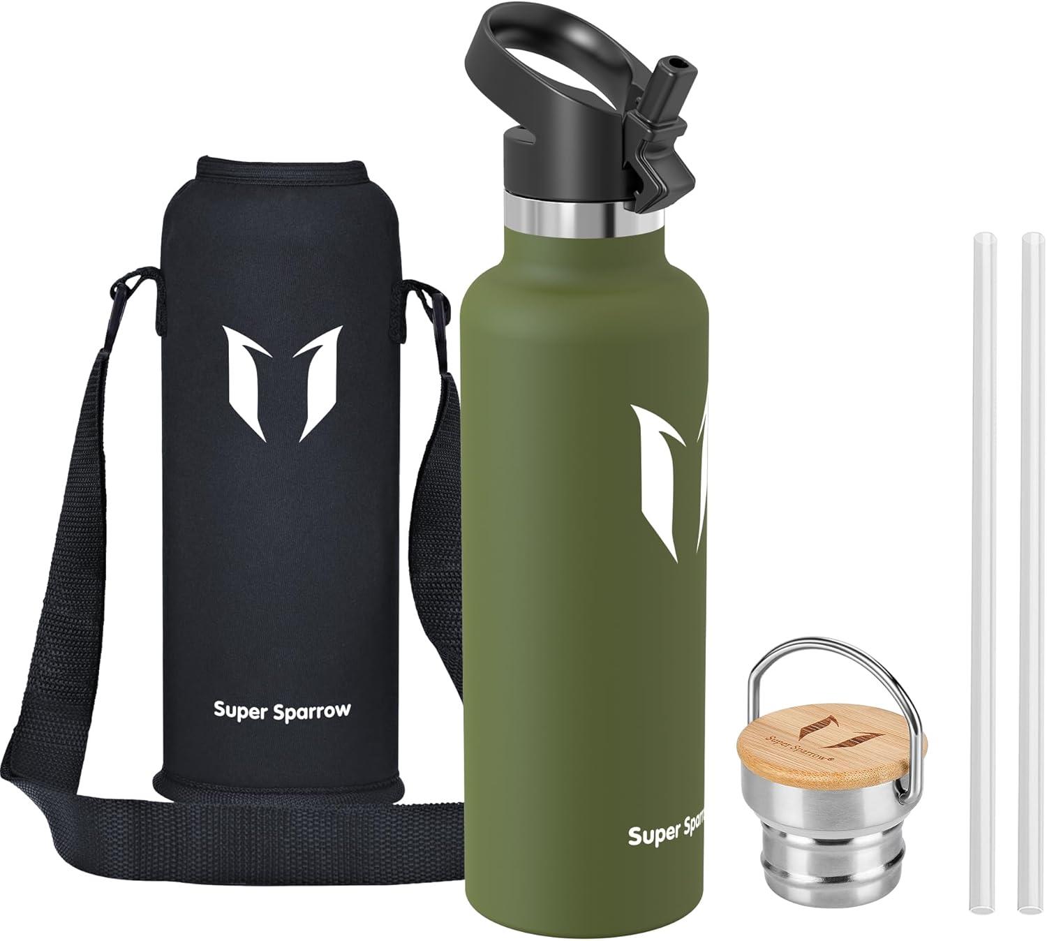 image:imageSuper Sparrow Gourde Isotherme Bouteille Isotherme 350ml500ml 620ml750ml1L tanche Sport Gourde INOX Bouche Standard Gourde Enfant sans BPA Pour Plein Air amp Quotidien Avec 2 BouchonsArme Verte