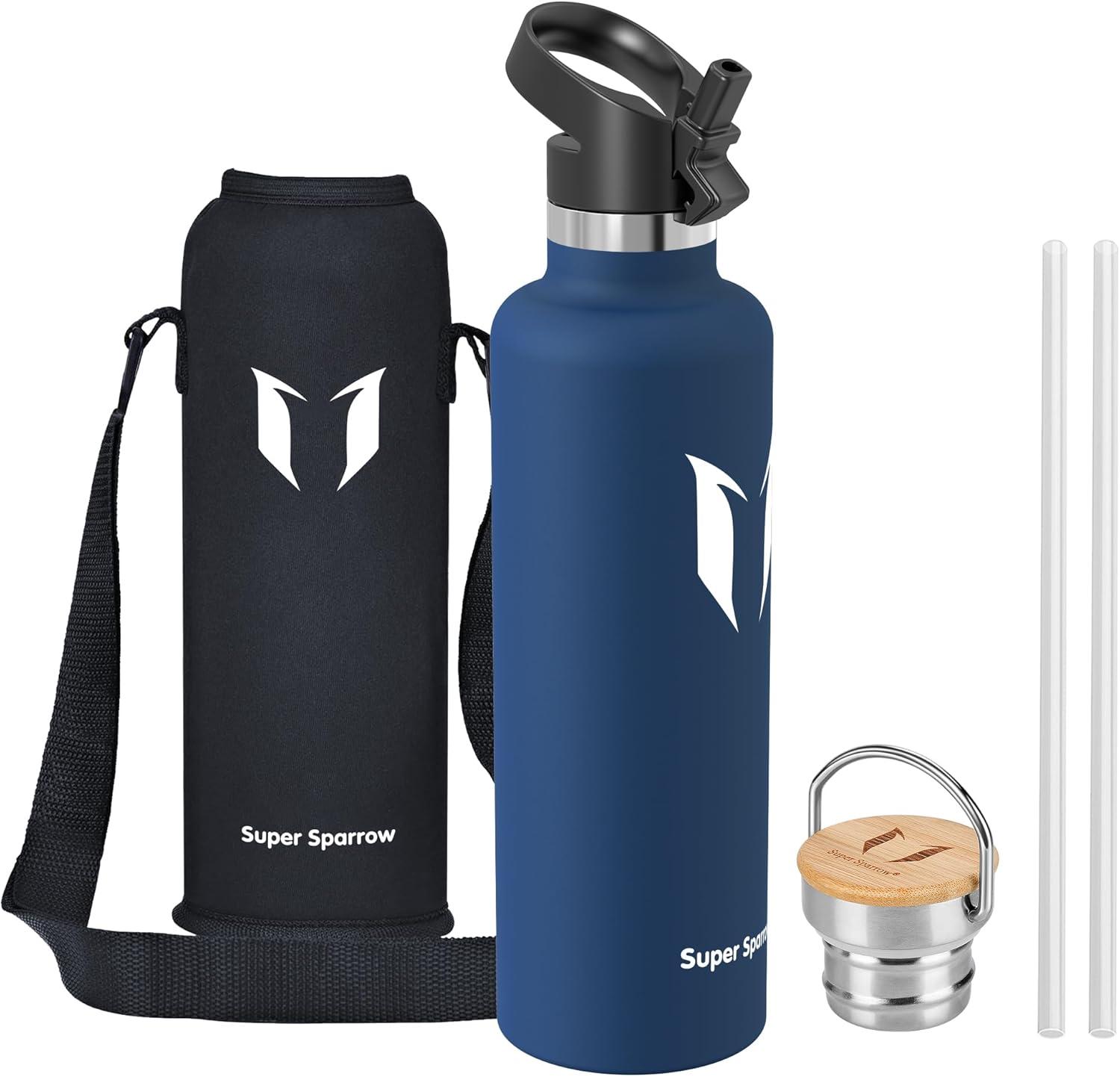 image:imageSuper Sparrow Gourde Isotherme Bouteille Isotherme 350ml500ml 620ml750ml1L tanche Sport Gourde INOX Bouche Standard Gourde Enfant sans BPA Pour Plein Air amp Quotidien Avec 2 BouchonsCobalt