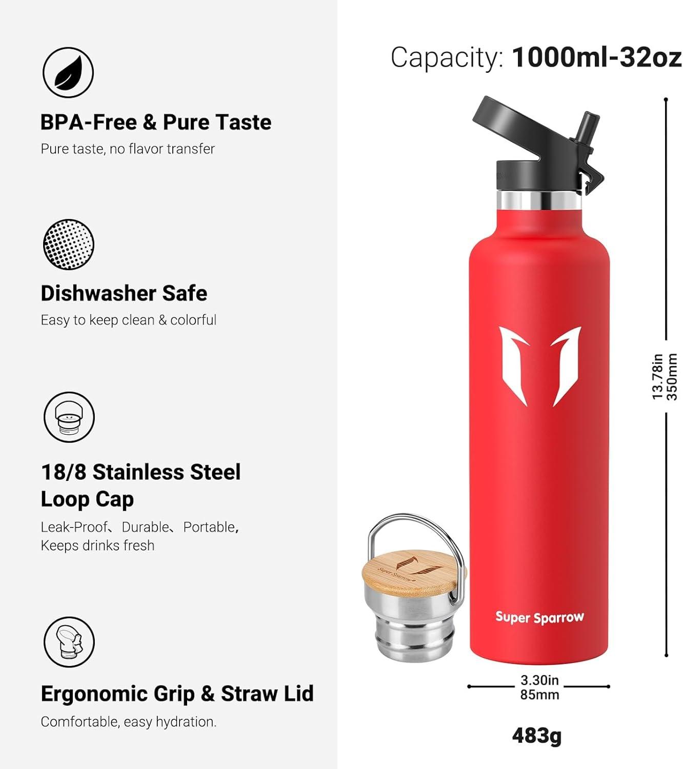 image:imageSuper Sparrow Gourde Isotherme Bouteille Isotherme 350ml500ml 620ml750ml1L tanche Sport Gourde INOX Bouche Standard Gourde Enfant sans BPA Pour Plein Air amp Quotidien Avec 2 BouchonsLave