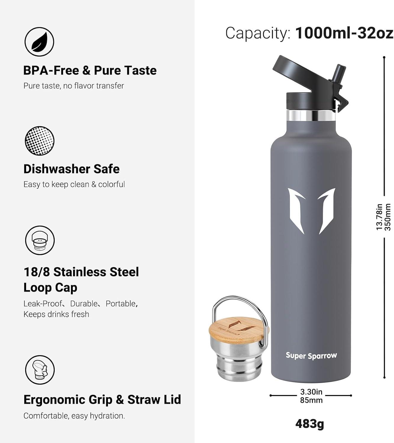 image:imageSuper Sparrow Gourde Isotherme Bouteille Isotherme 350ml500ml 620ml750ml1L tanche Sport Gourde INOX Bouche Standard Gourde Enfant sans BPA Pour Plein Air amp Quotidien Avec 2 BouchonsGris