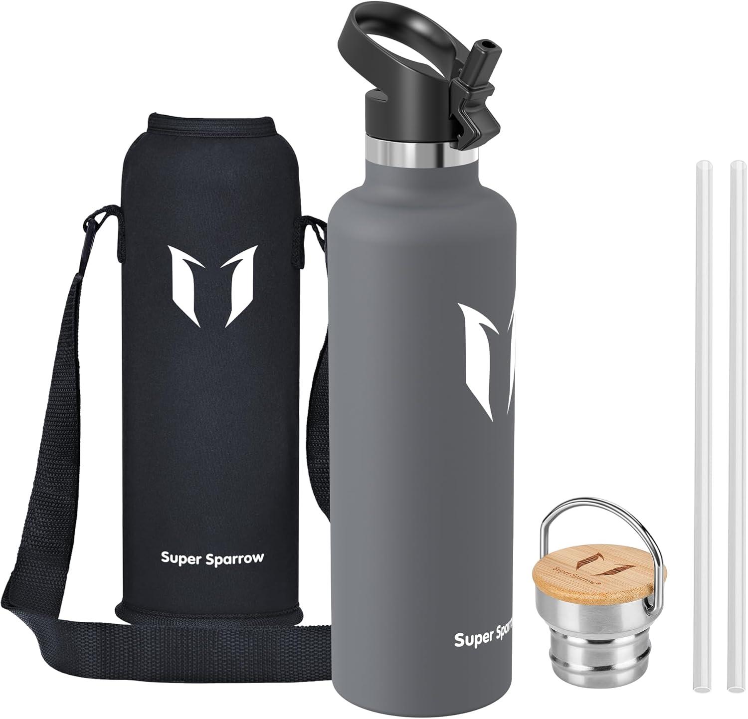 image:imageSuper Sparrow Gourde Isotherme Bouteille Isotherme 350ml500ml 620ml750ml1L tanche Sport Gourde INOX Bouche Standard Gourde Enfant sans BPA Pour Plein Air amp Quotidien Avec 2 BouchonsGris