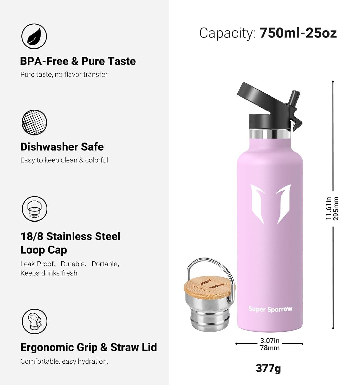 image:imageSuper Sparrow Gourde Isotherme Bouteille Isotherme 350ml500ml 620ml750ml1L tanche Sport Gourde INOX Bouche Standard Gourde Enfant sans BPA Pour Plein Air amp Quotidien Avec 2 BouchonsFleurs de Cerisier