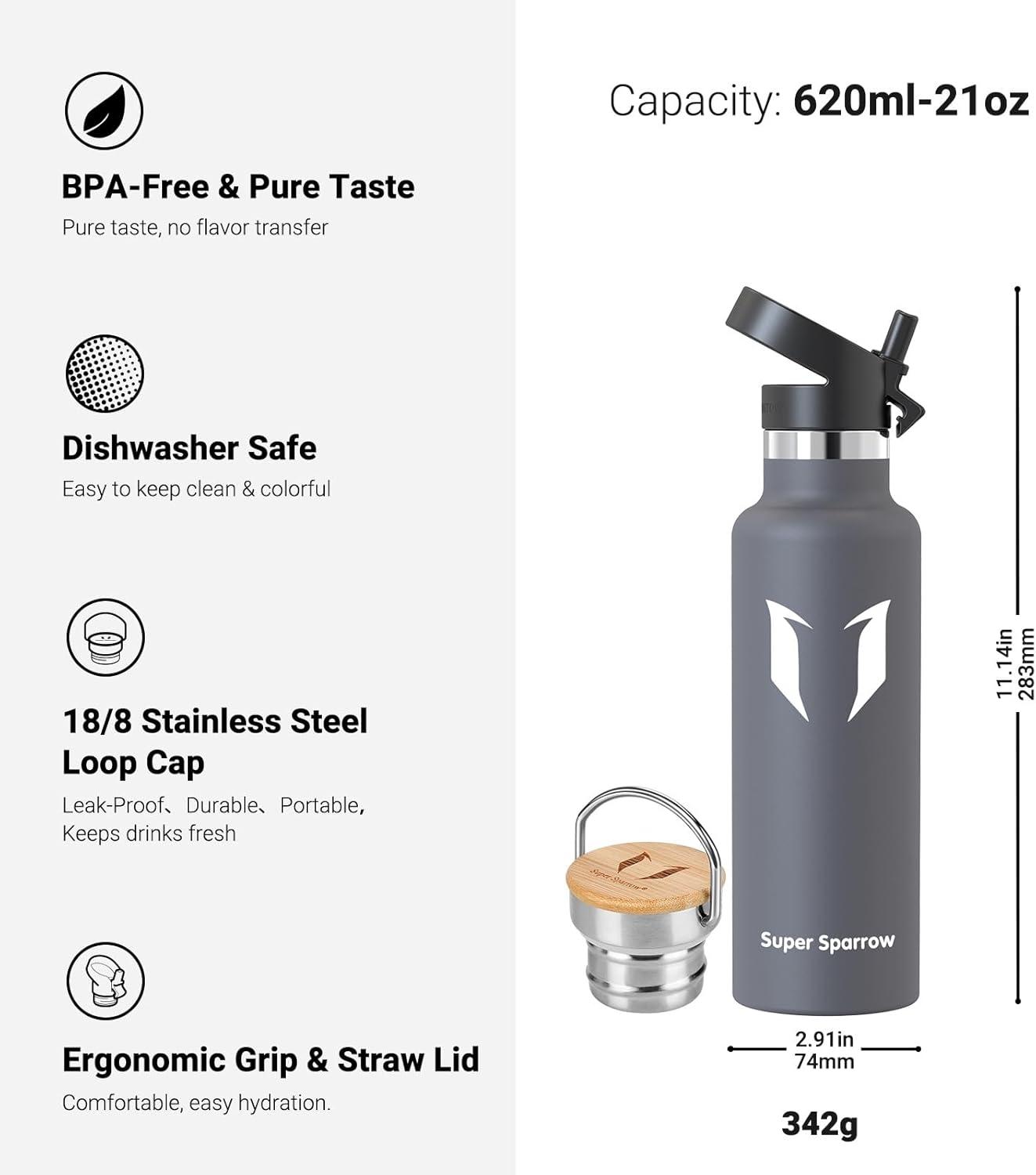 image:imageSuper Sparrow Gourde Isotherme Bouteille Isotherme 350ml500ml 620ml750ml1L tanche Sport Gourde INOX Bouche Standard Gourde Enfant sans BPA Pour Plein Air amp Quotidien Avec 2 BouchonsGris