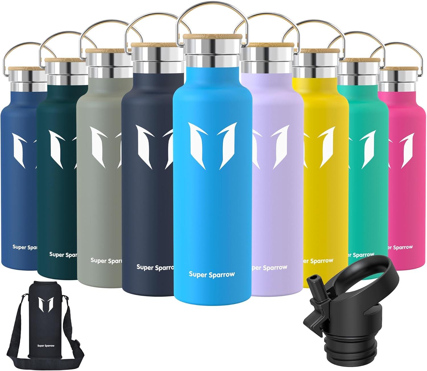image:imageSuper Sparrow Gourde Isotherme Bouteille Isotherme 350ml500ml 620ml750ml1L tanche Sport Gourde INOX Bouche Standard Gourde Enfant sans BPA Pour Plein Air amp Quotidien Avec 2 BouchonsBleu