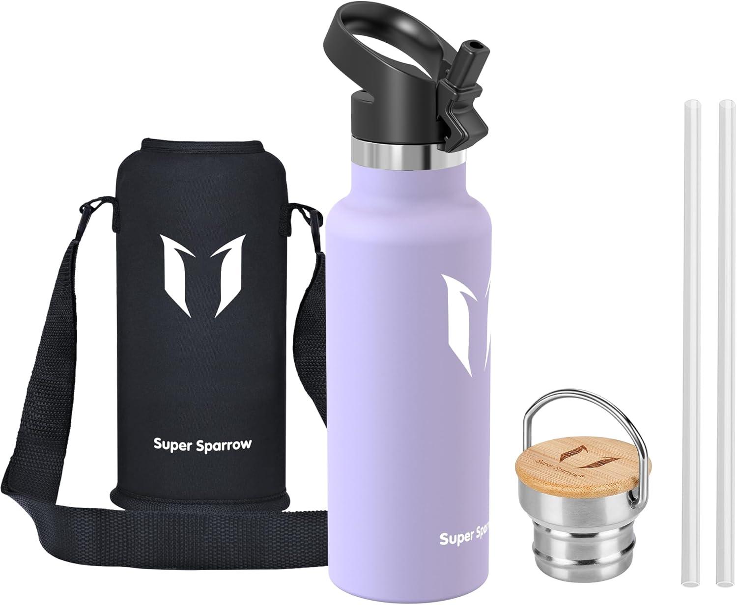 image:imageSuper Sparrow Gourde Isotherme Bouteille Isotherme 350ml500ml 620ml750ml1L tanche Sport Gourde INOX Bouche Standard Gourde Enfant sans BPA Pour Plein Air amp Quotidien Avec 2 BouchonsLavande
