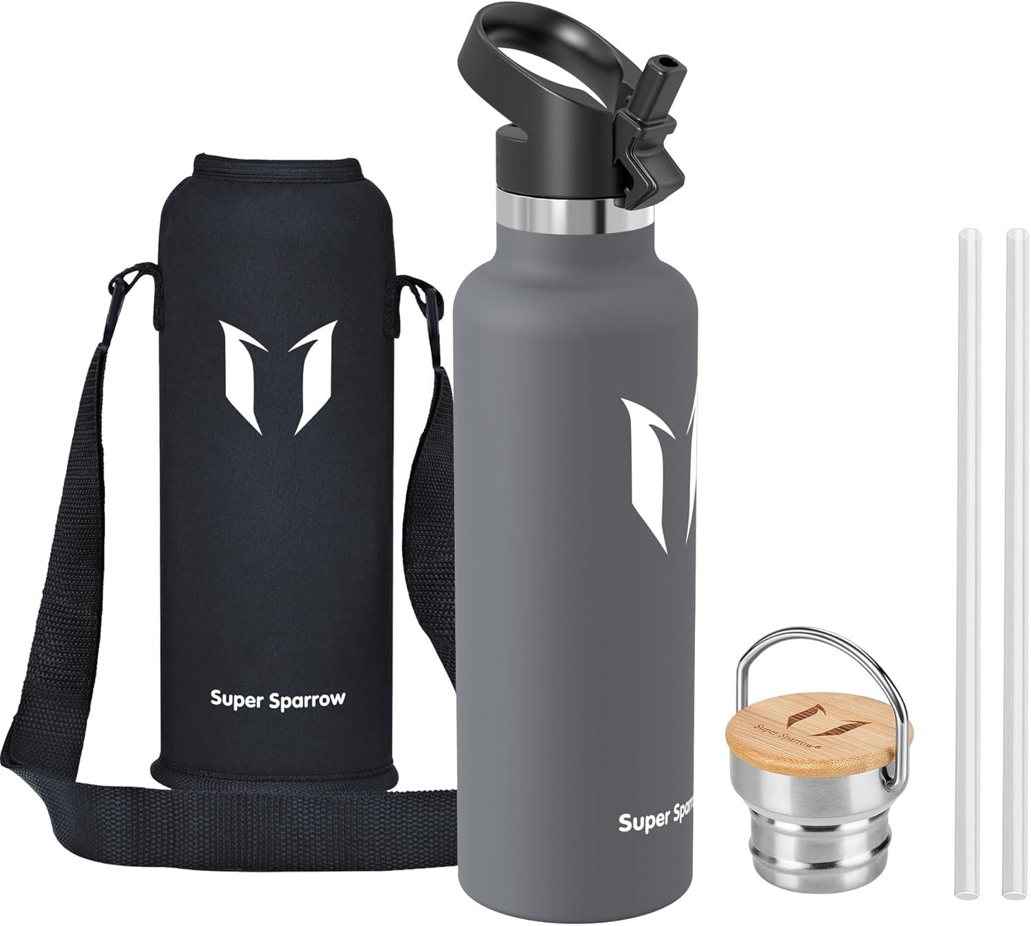 image:imageSuper Sparrow Gourde Isotherme Bouteille Isotherme 350ml500ml 620ml750ml1L tanche Sport Gourde INOX Bouche Standard Gourde Enfant sans BPA Pour Plein Air amp Quotidien Avec 2 BouchonsGris