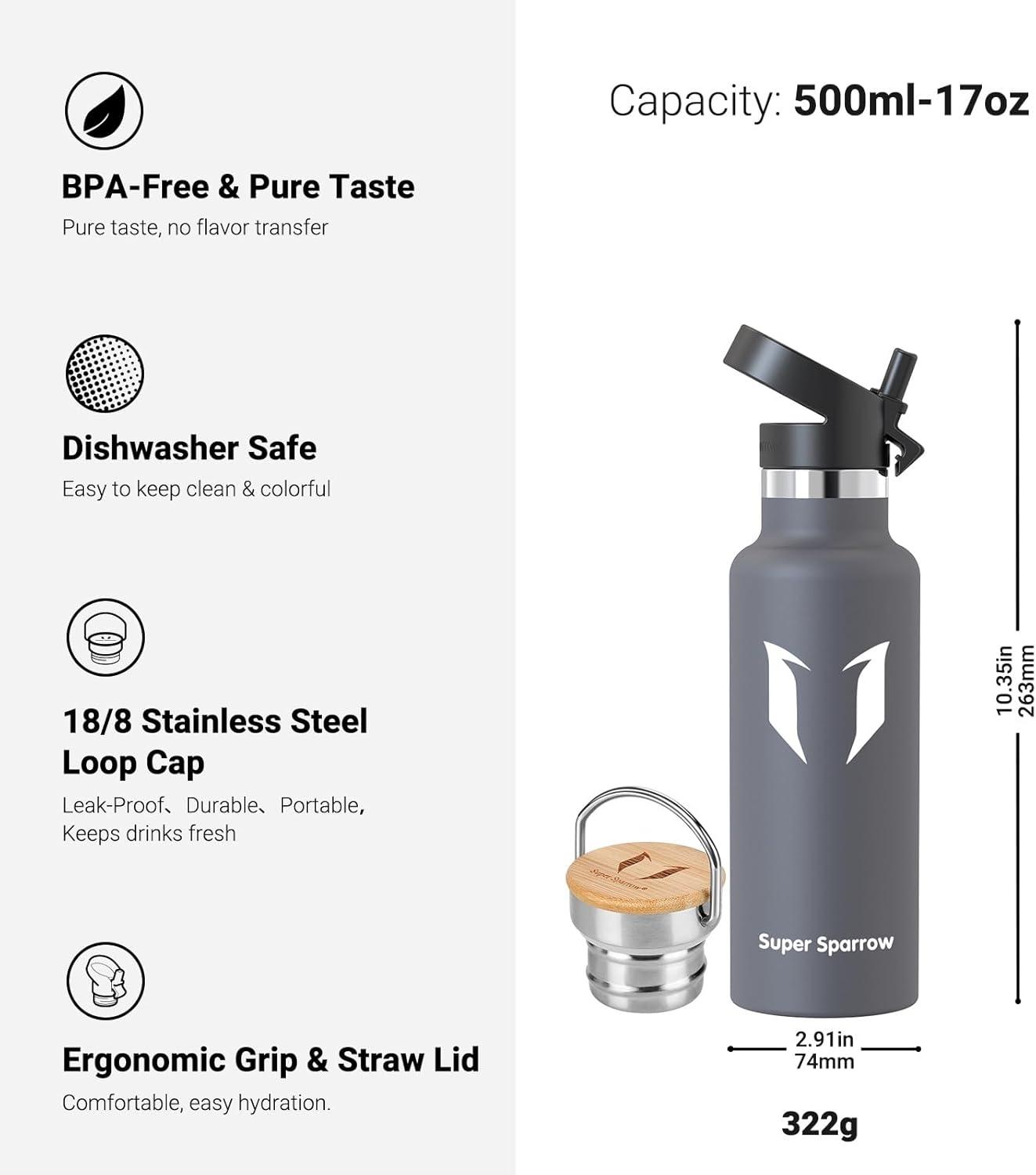 image:imageSuper Sparrow Gourde Isotherme Bouteille Isotherme 350ml500ml 620ml750ml1L tanche Sport Gourde INOX Bouche Standard Gourde Enfant sans BPA Pour Plein Air amp Quotidien Avec 2 BouchonsGris