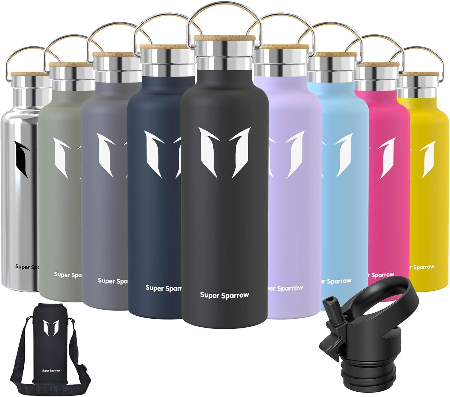 image:imageSuper Sparrow Gourde Isotherme Bouteille Isotherme 350ml500ml 620ml750ml1L tanche Sport Gourde INOX Bouche Standard Gourde Enfant sans BPA Pour Plein Air amp Quotidien Avec 2 BouchonsNoir