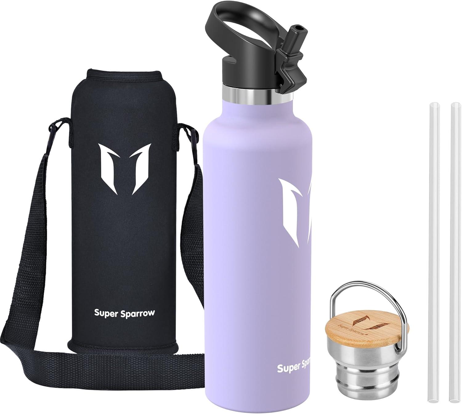 image:imageSuper Sparrow Gourde Isotherme Bouteille Isotherme 350ml500ml 620ml750ml1L tanche Sport Gourde INOX Bouche Standard Gourde Enfant sans BPA Pour Plein Air amp Quotidien Avec 2 BouchonsLavande