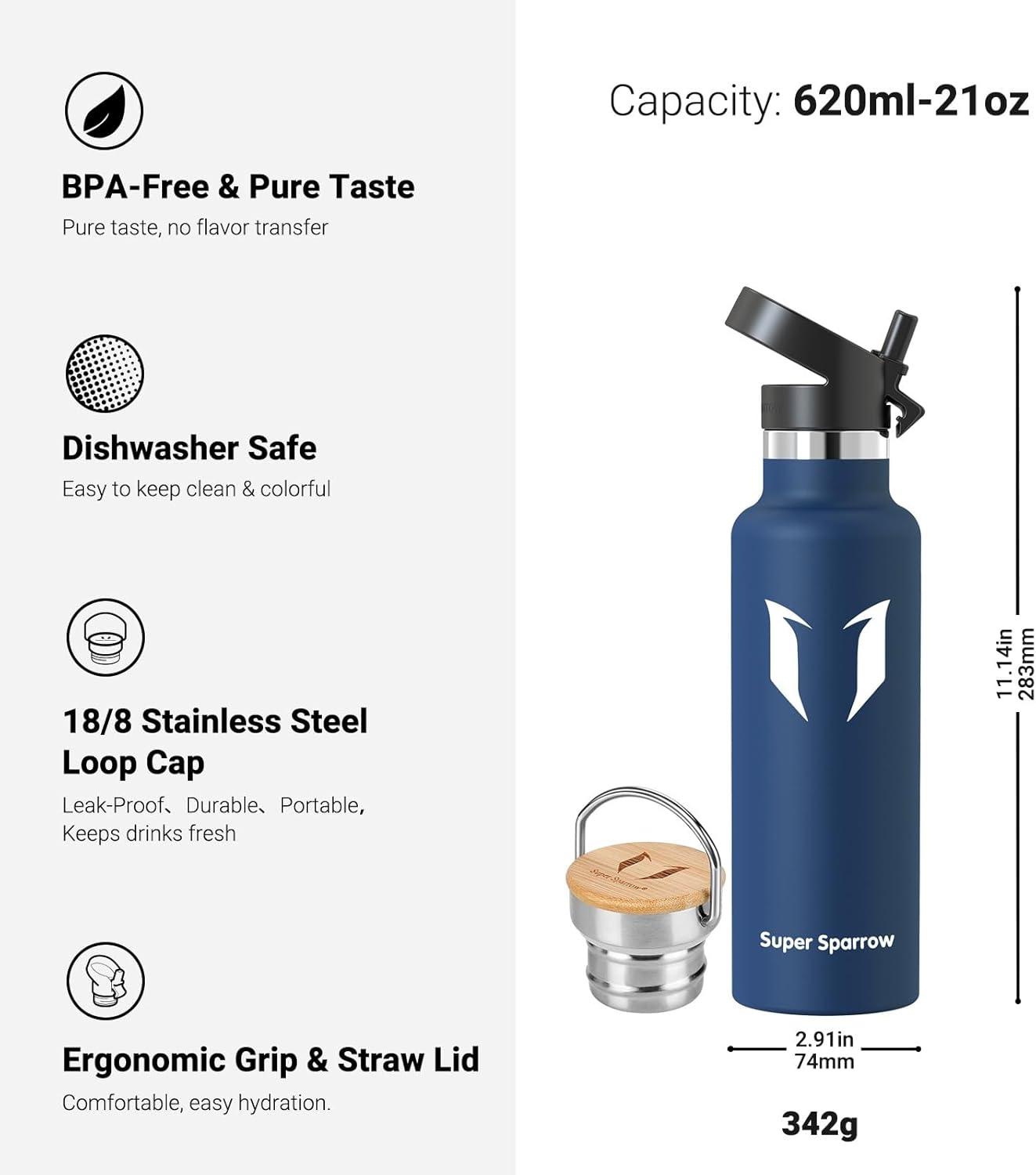image:imageSuper Sparrow Gourde Isotherme Bouteille Isotherme 350ml500ml 620ml750ml1L tanche Sport Gourde INOX Bouche Standard Gourde Enfant sans BPA Pour Plein Air amp Quotidien Avec 2 BouchonsCobalt