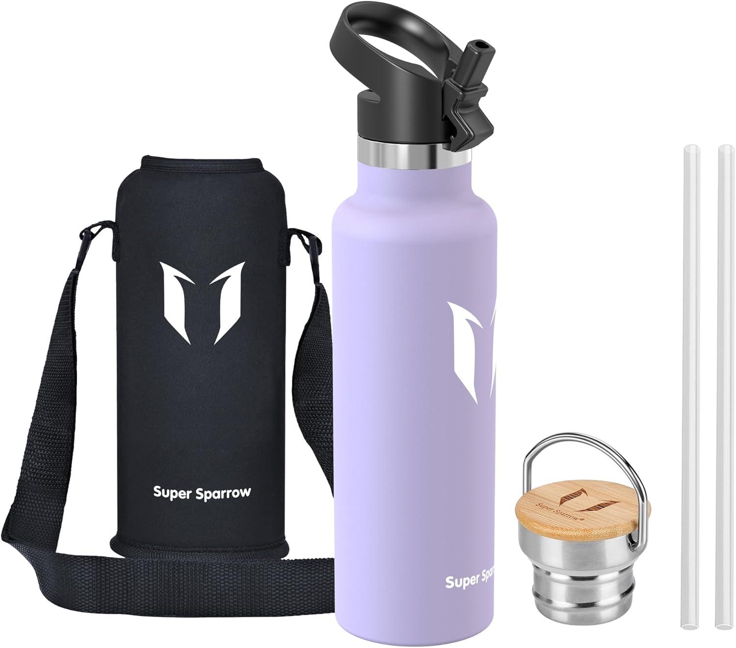 image:imageSuper Sparrow Gourde Isotherme Bouteille Isotherme 350ml500ml 620ml750ml1L tanche Sport Gourde INOX Bouche Standard Gourde Enfant sans BPA Pour Plein Air amp Quotidien Avec 2 BouchonsLavande