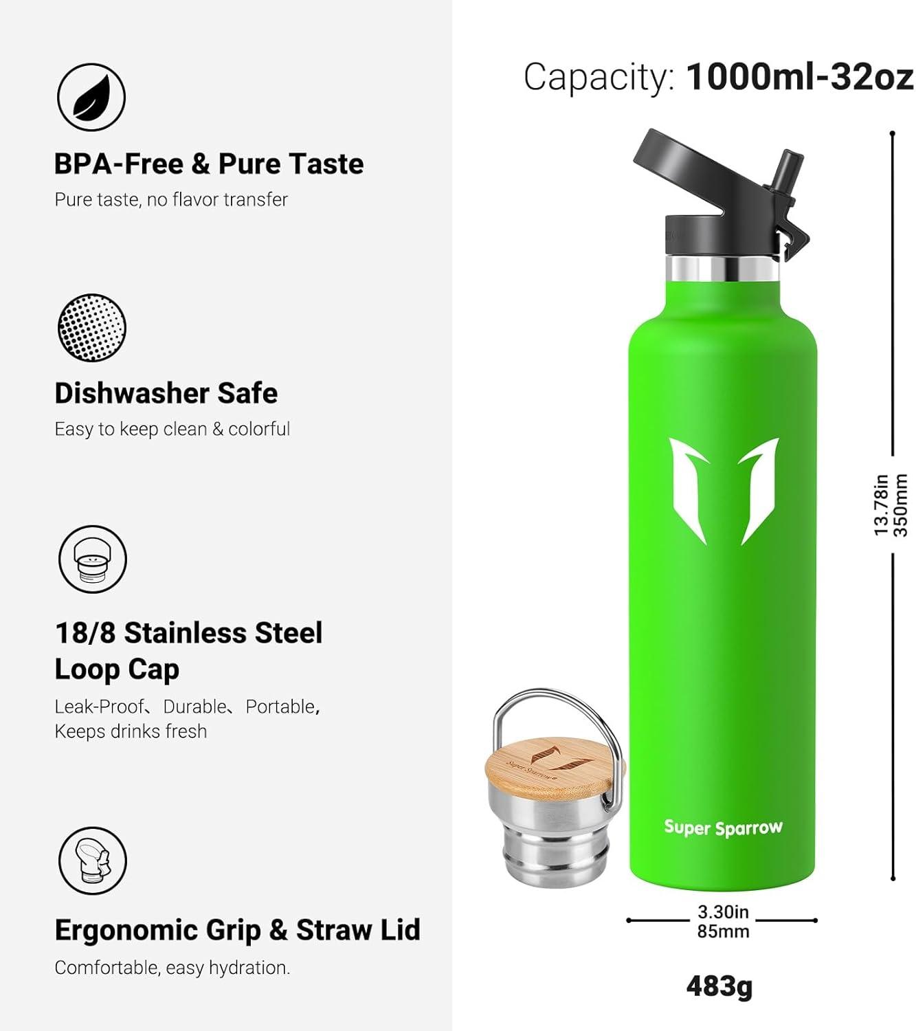 image:imageSuper Sparrow Gourde Isotherme Bouteille Isotherme 350ml500ml 620ml750ml1L tanche Sport Gourde INOX Bouche Standard Gourde Enfant sans BPA Pour Plein Air amp Quotidien Avec 2 BouchonsPomme Verte