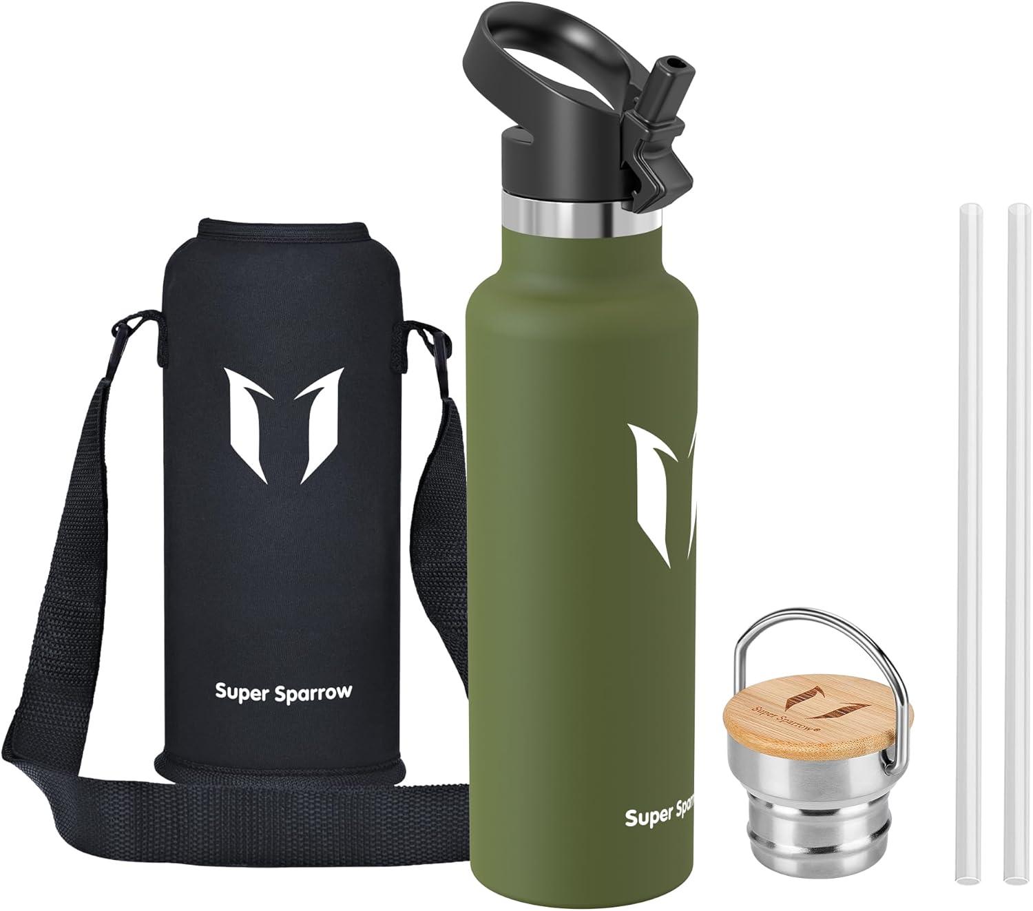 image:imageSuper Sparrow Gourde Isotherme Bouteille Isotherme 350ml500ml 620ml750ml1L tanche Sport Gourde INOX Bouche Standard Gourde Enfant sans BPA Pour Plein Air amp Quotidien Avec 2 BouchonsArme Verte