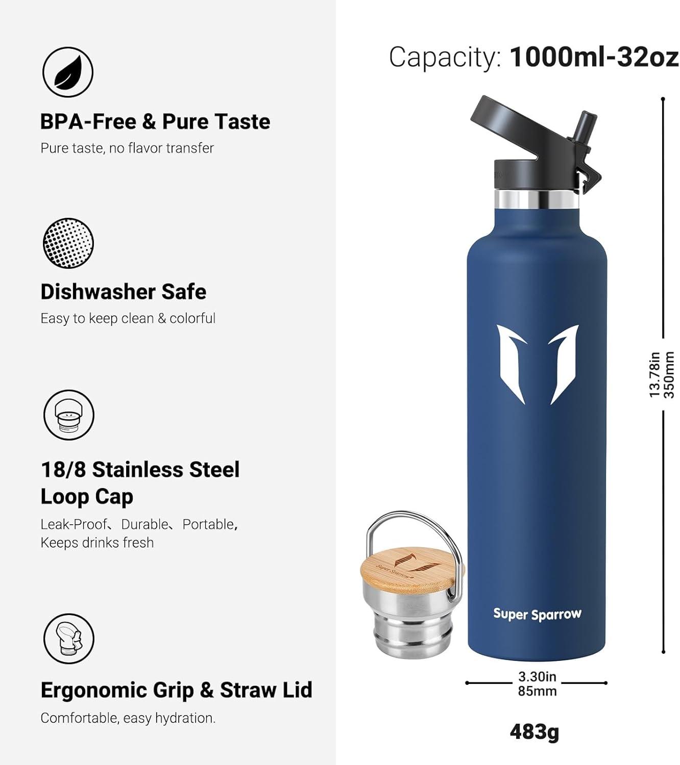 image:imageSuper Sparrow Gourde Isotherme Bouteille Isotherme 350ml500ml 620ml750ml1L tanche Sport Gourde INOX Bouche Standard Gourde Enfant sans BPA Pour Plein Air amp Quotidien Avec 2 BouchonsCobalt