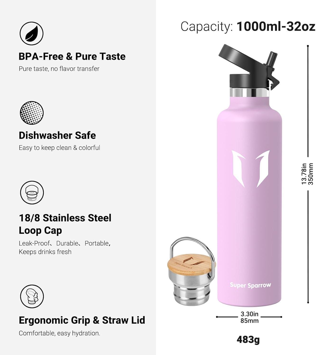 image:imageSuper Sparrow Gourde Isotherme Bouteille Isotherme 350ml500ml 620ml750ml1L tanche Sport Gourde INOX Bouche Standard Gourde Enfant sans BPA Pour Plein Air amp Quotidien Avec 2 BouchonsFleurs de Cerisier