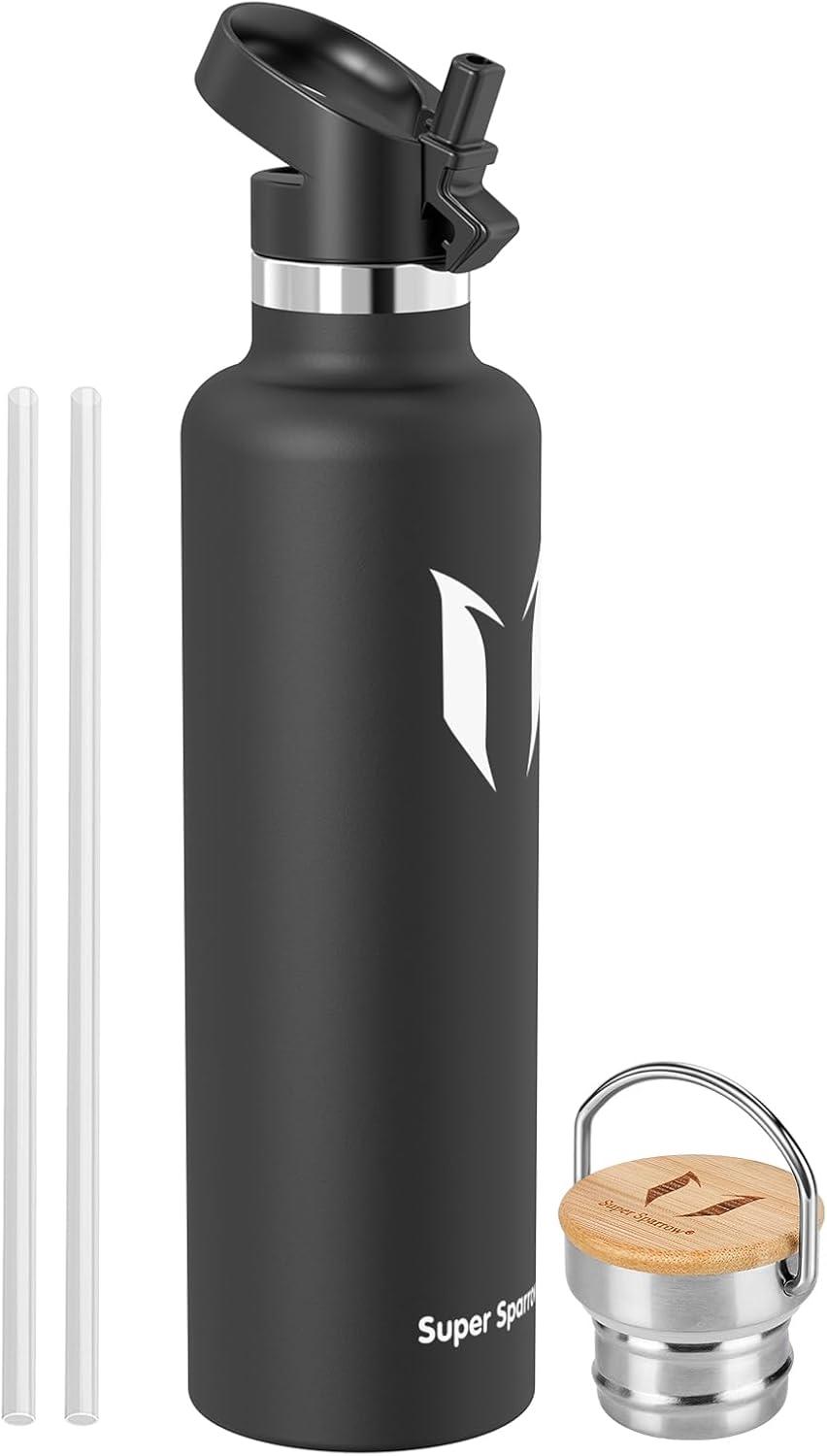 image:imageSuper Sparrow Gourde Isotherme Bouteille Isotherme 350ml500ml 620ml750ml1L tanche Sport Gourde INOX Bouche Standard Gourde Enfant sans BPA Pour Plein Air amp Quotidien Avec 2 BouchonsNoir