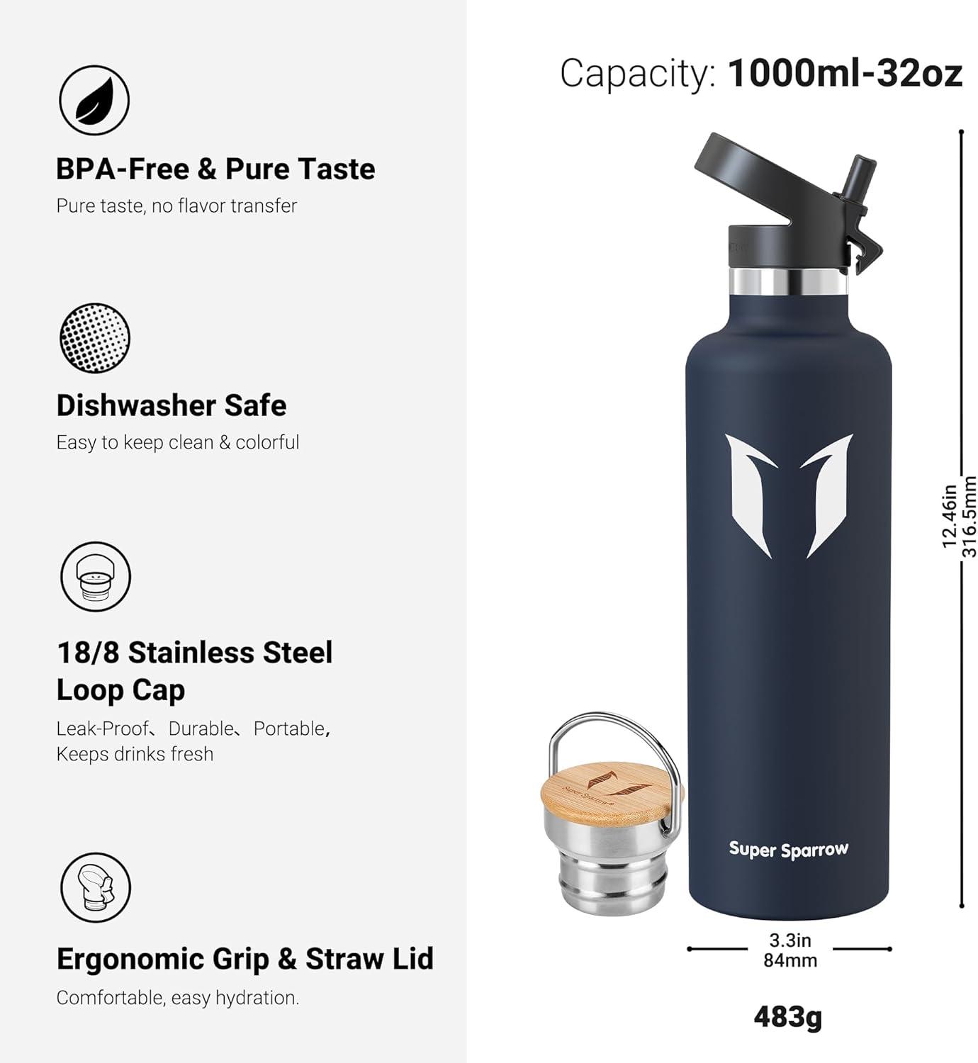 image:imageSuper Sparrow Gourde Isotherme Bouteille Isotherme 350ml500ml 620ml750ml1L tanche Sport Gourde INOX Bouche Standard Gourde Enfant sans BPA Pour Plein Air amp Quotidien Avec 2 BouchonsMer Bleue
