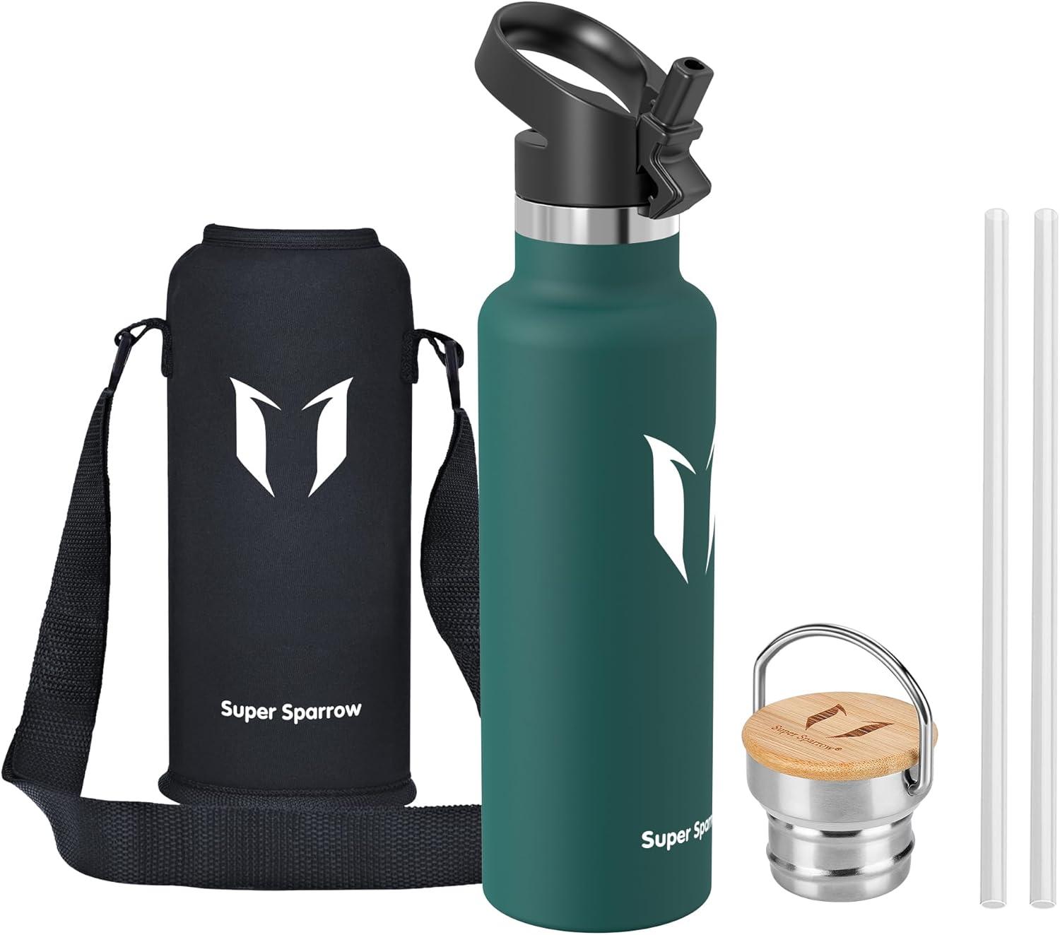 image:imageSuper Sparrow Gourde Isotherme Bouteille Isotherme 350ml500ml 620ml750ml1L tanche Sport Gourde INOX Bouche Standard Gourde Enfant sans BPA Pour Plein Air amp Quotidien Avec 2 BouchonsVert Fonc