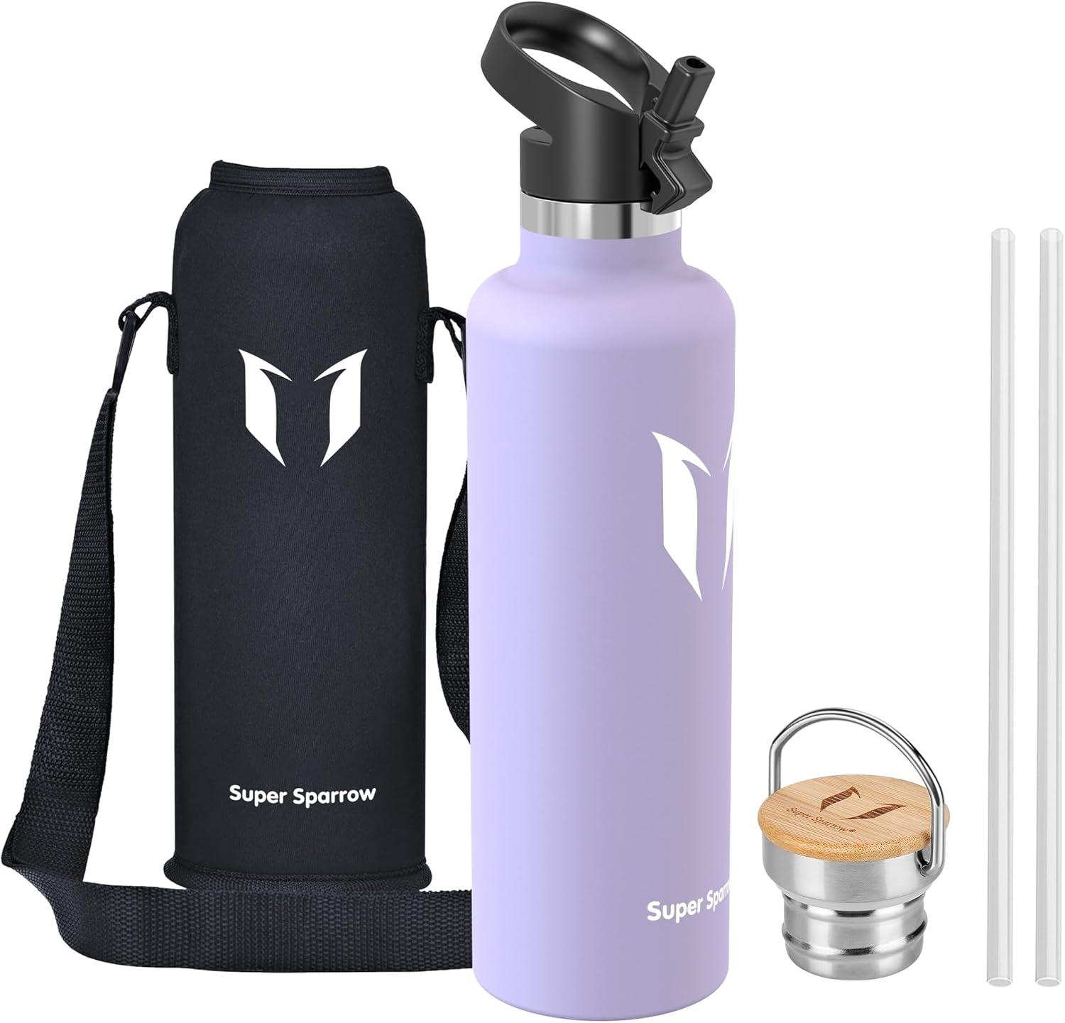 image:imageSuper Sparrow Gourde Isotherme Bouteille Isotherme 350ml500ml 620ml750ml1L tanche Sport Gourde INOX Bouche Standard Gourde Enfant sans BPA Pour Plein Air amp Quotidien Avec 2 BouchonsLavande