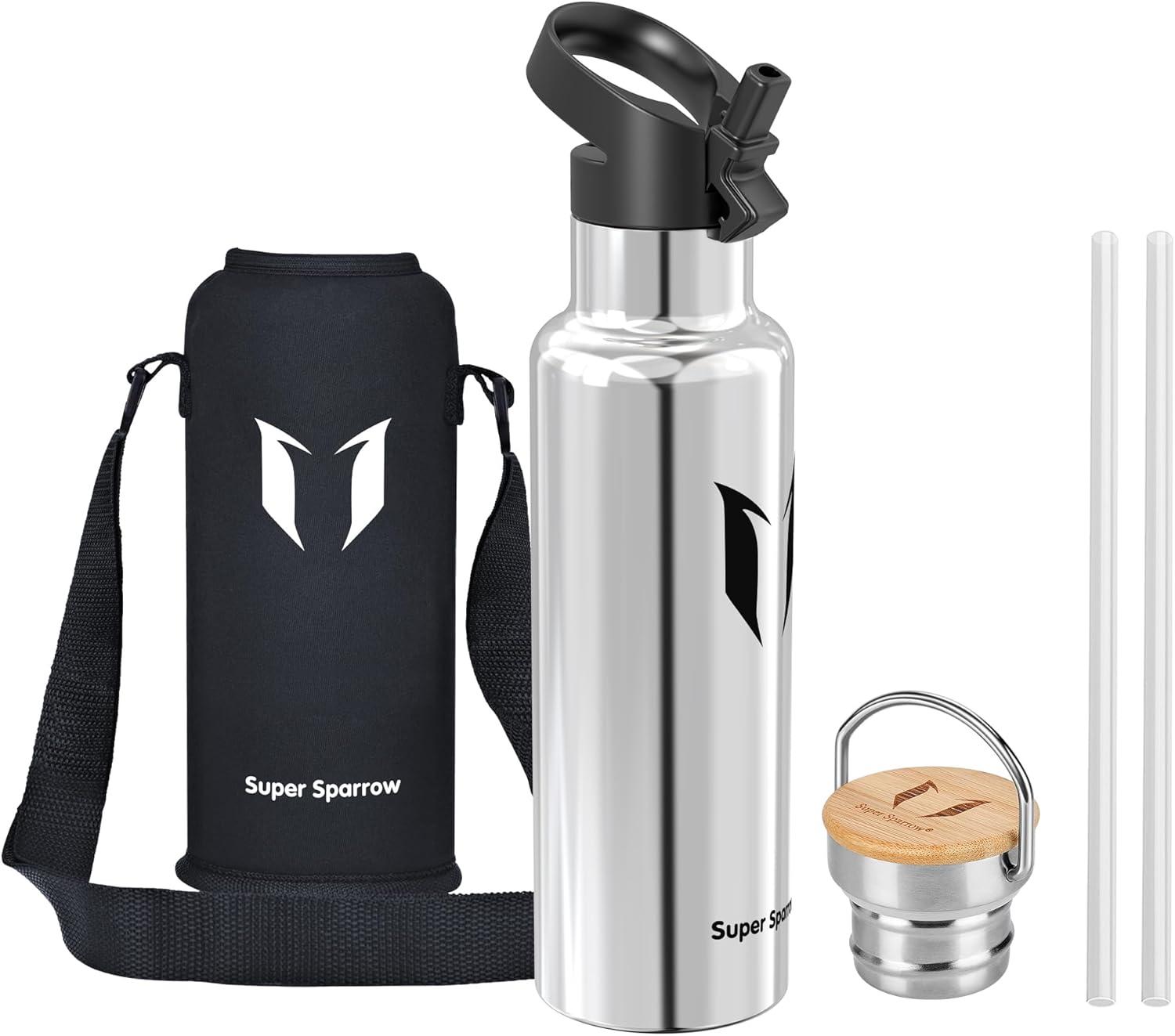 image:imageSuper Sparrow Gourde Isotherme Bouteille Isotherme 350ml500ml 620ml750ml1L tanche Sport Gourde INOX Bouche Standard Gourde Enfant sans BPA Pour Plein Air amp Quotidien Avec 2 BouchonsAcier Inoxydable