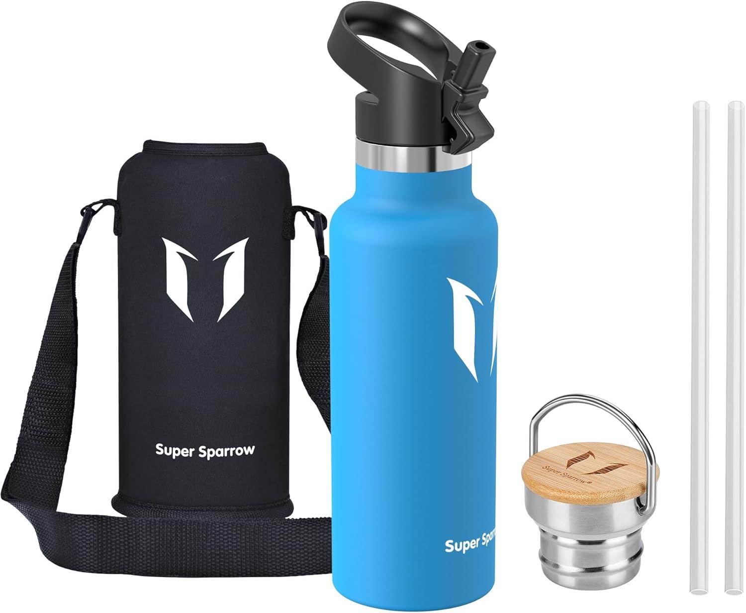 image:imageSuper Sparrow Gourde Isotherme Bouteille Isotherme 350ml500ml 620ml750ml1L tanche Sport Gourde INOX Bouche Standard Gourde Enfant sans BPA Pour Plein Air amp Quotidien Avec 2 BouchonsBleu