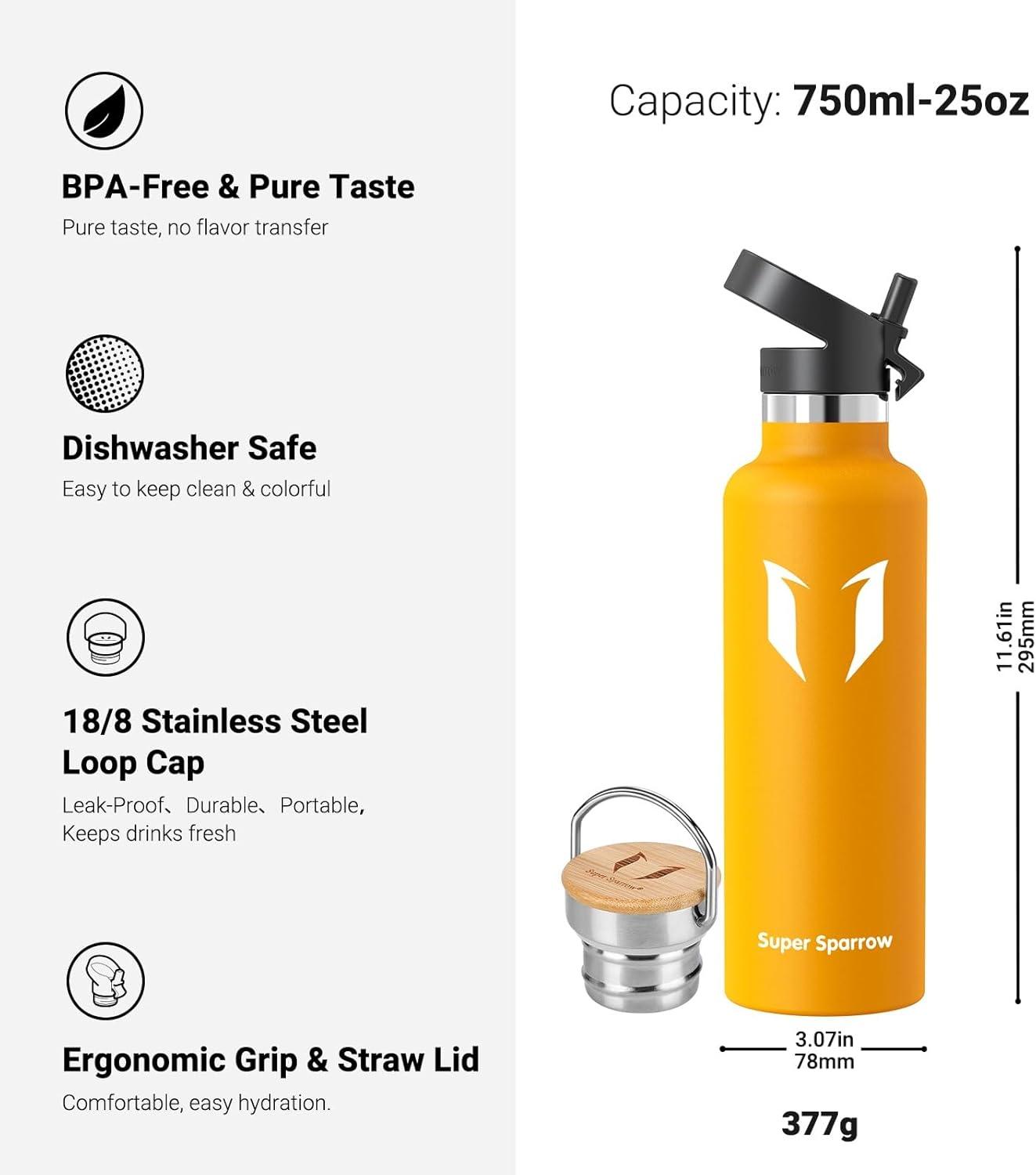 image:imageSuper Sparrow Gourde Isotherme Bouteille Isotherme 350ml500ml 620ml750ml1L tanche Sport Gourde INOX Bouche Standard Gourde Enfant sans BPA Pour Plein Air amp Quotidien Avec 2 BouchonsMangue