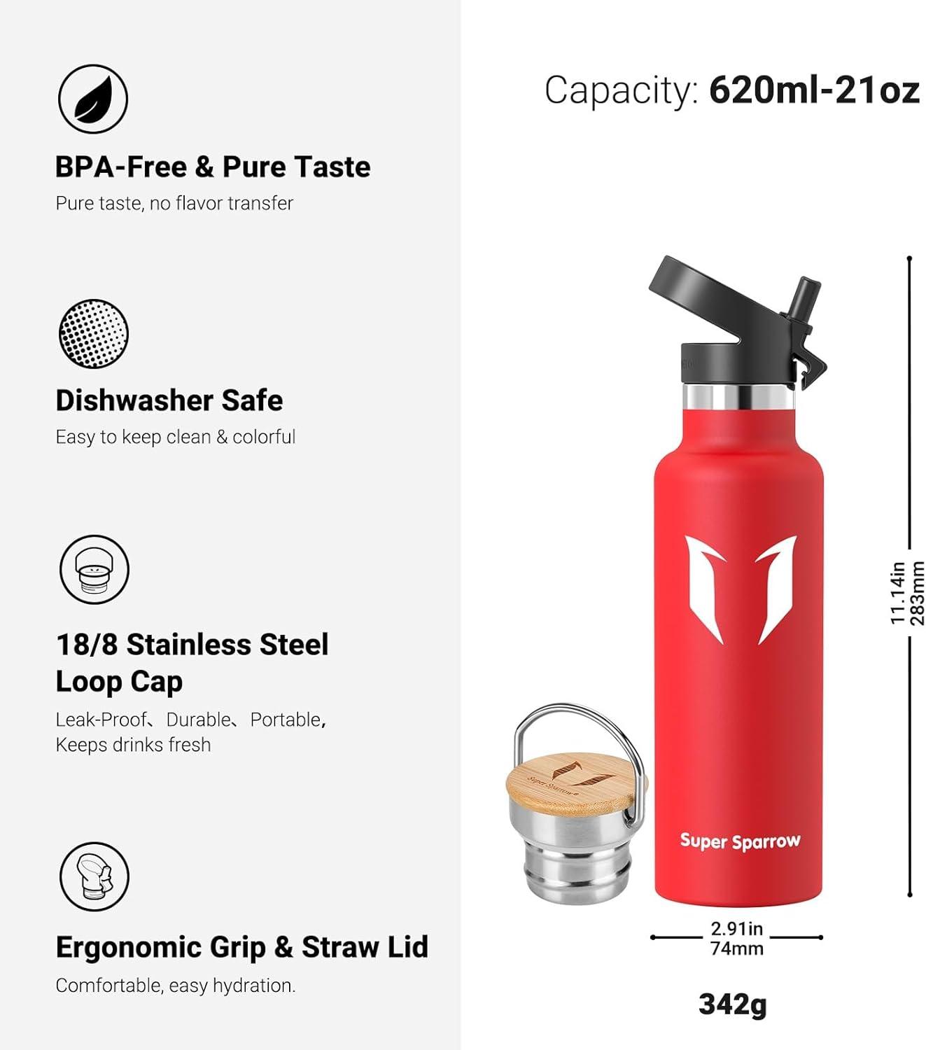 image:imageSuper Sparrow Gourde Isotherme Bouteille Isotherme 350ml500ml 620ml750ml1L tanche Sport Gourde INOX Bouche Standard Gourde Enfant sans BPA Pour Plein Air amp Quotidien Avec 2 BouchonsLave