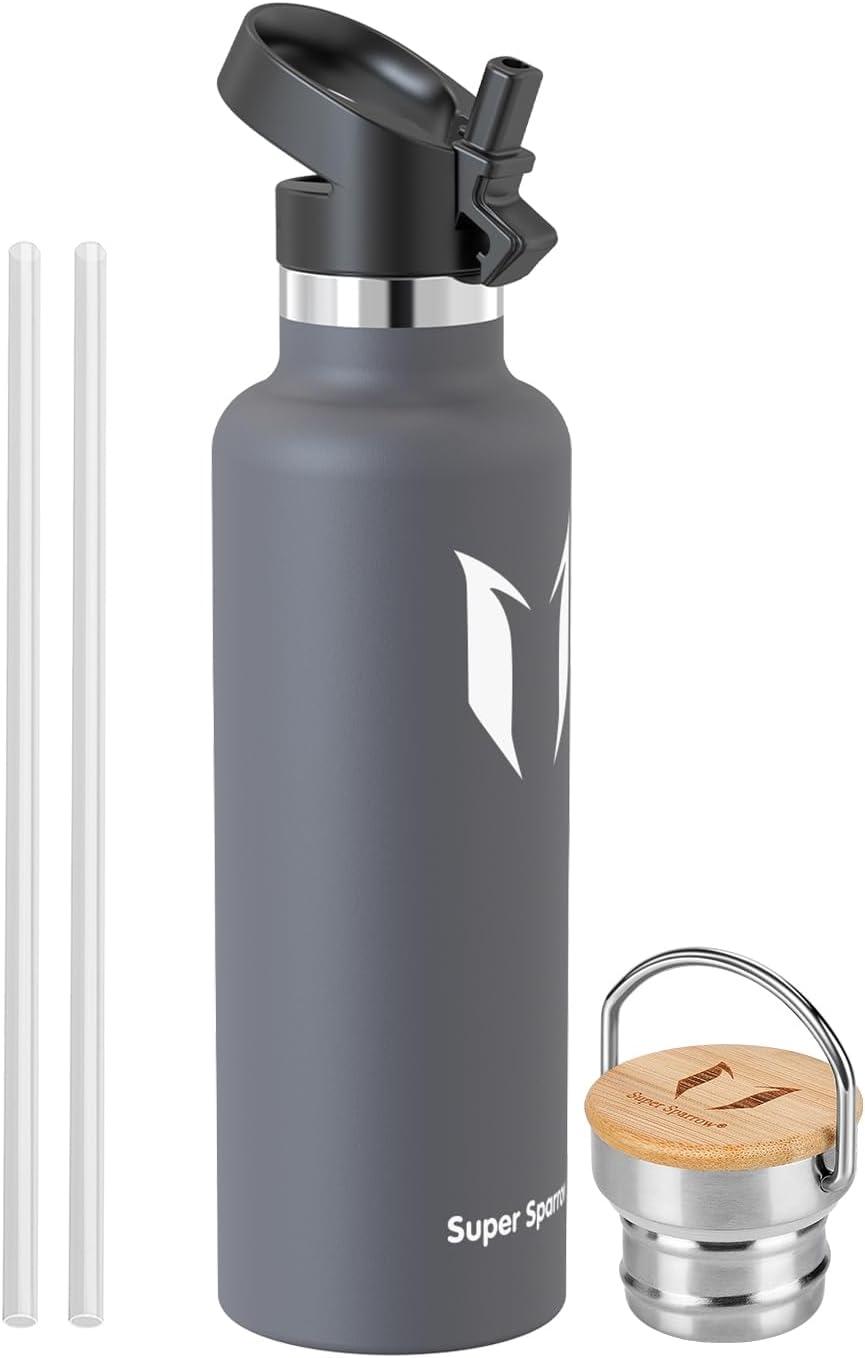 image:imageSuper Sparrow Gourde Isotherme Bouteille Isotherme 350ml500ml 620ml750ml1L tanche Sport Gourde INOX Bouche Standard Gourde Enfant sans BPA Pour Plein Air amp Quotidien Avec 2 BouchonsGris