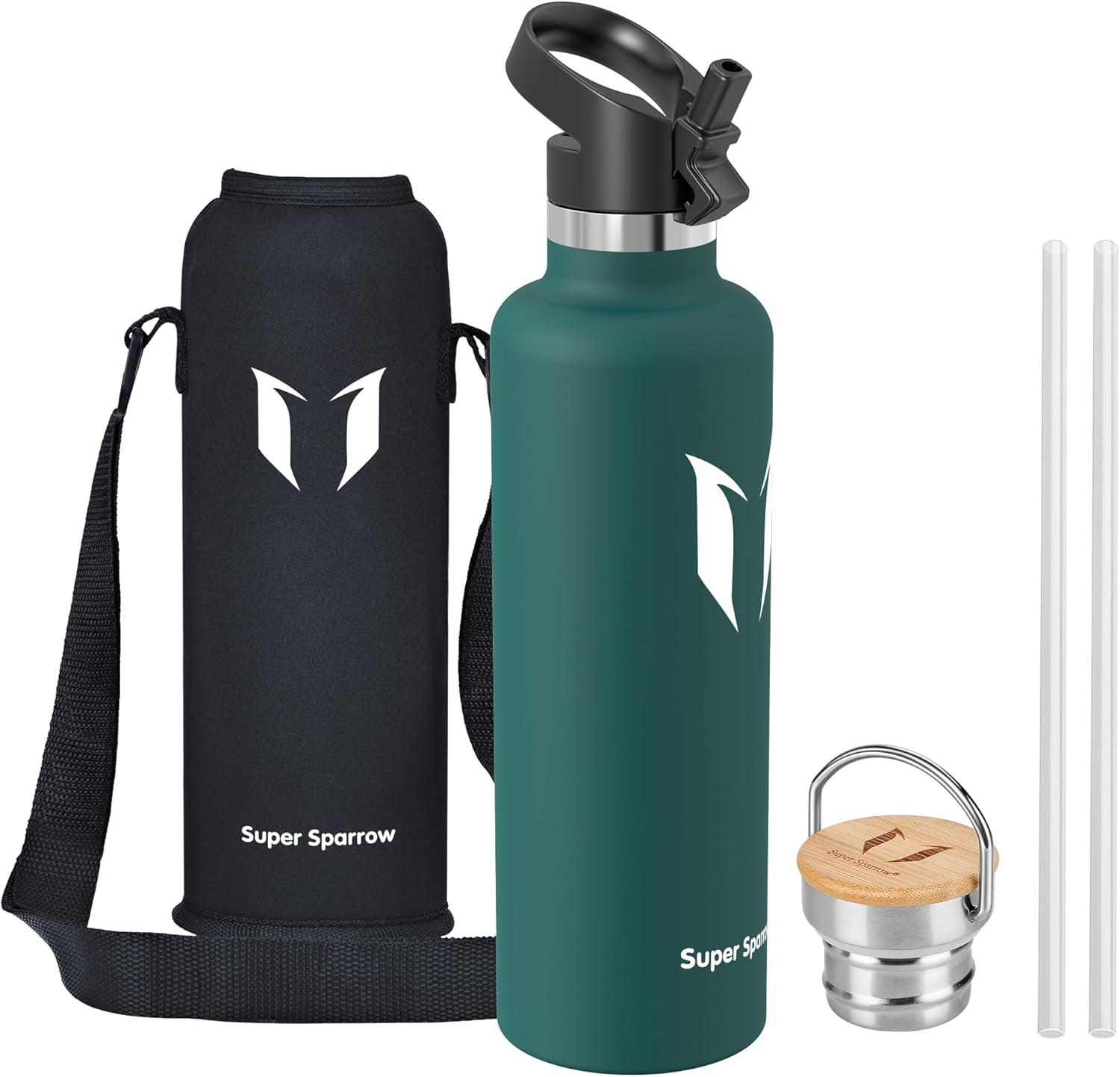 image:imageSuper Sparrow Gourde Isotherme Bouteille Isotherme 350ml500ml 620ml750ml1L tanche Sport Gourde INOX Bouche Standard Gourde Enfant sans BPA Pour Plein Air amp Quotidien Avec 2 BouchonsVert Fonc