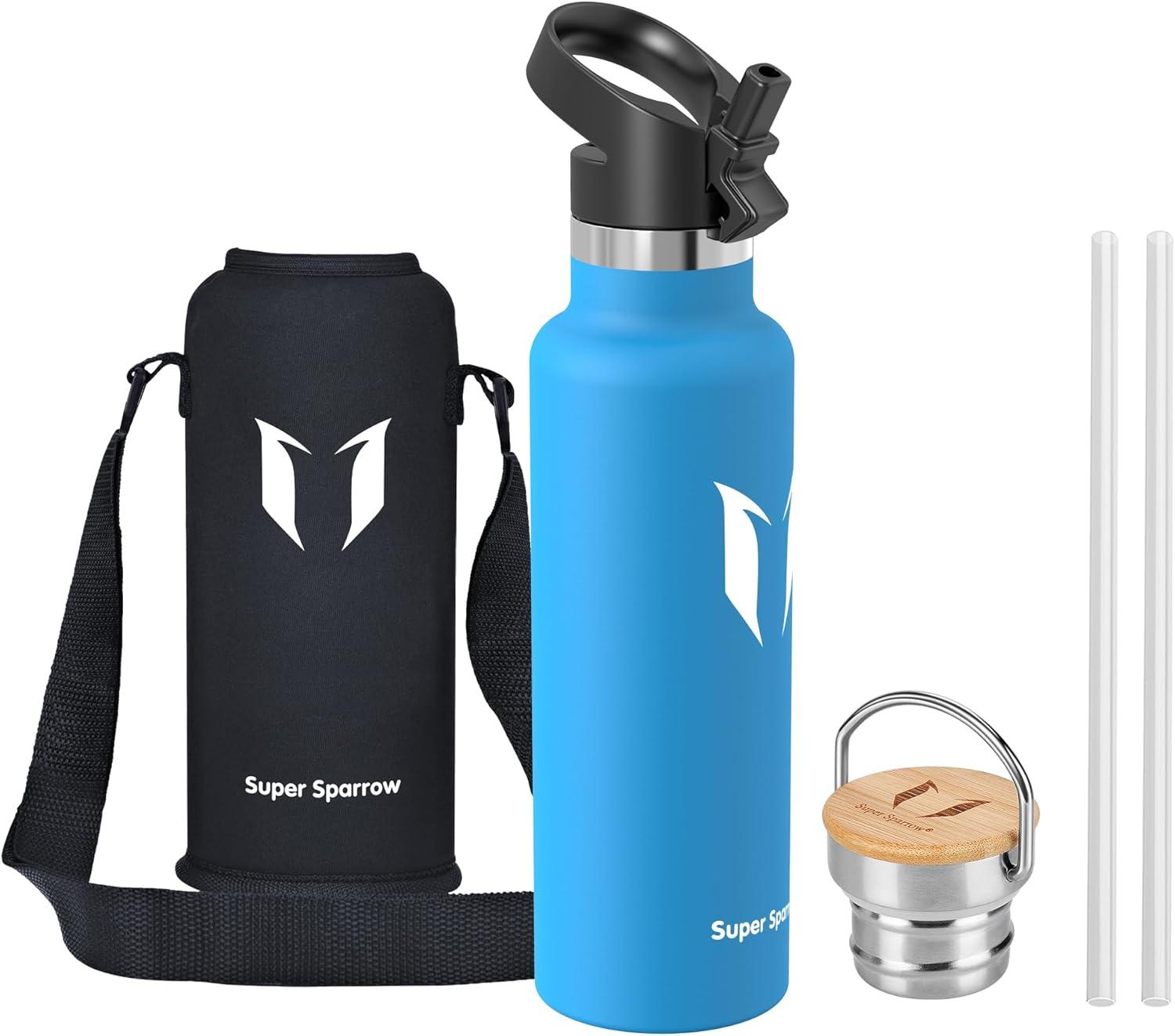image:imageSuper Sparrow Gourde Isotherme Bouteille Isotherme 350ml500ml 620ml750ml1L tanche Sport Gourde INOX Bouche Standard Gourde Enfant sans BPA Pour Plein Air amp Quotidien Avec 2 BouchonsBleu