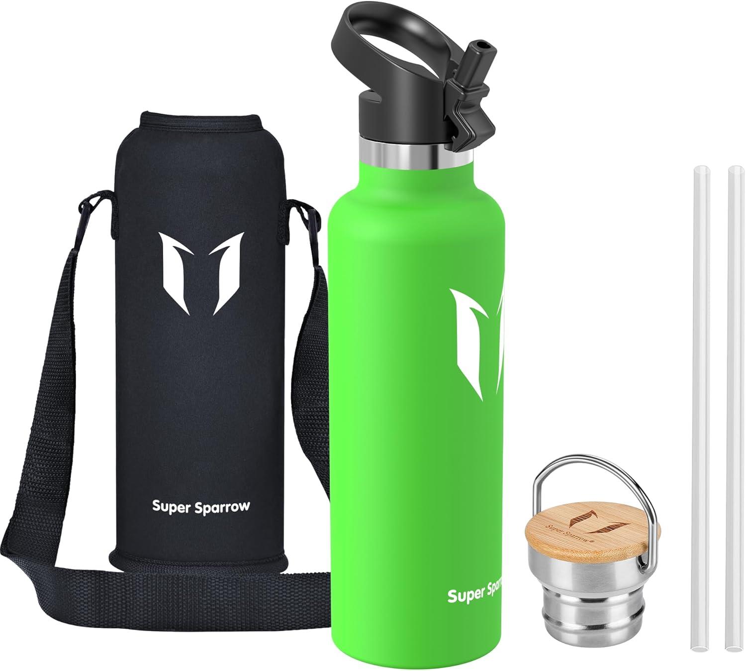 image:imageSuper Sparrow Gourde Isotherme Bouteille Isotherme 350ml500ml 620ml750ml1L tanche Sport Gourde INOX Bouche Standard Gourde Enfant sans BPA Pour Plein Air amp Quotidien Avec 2 BouchonsPomme Verte