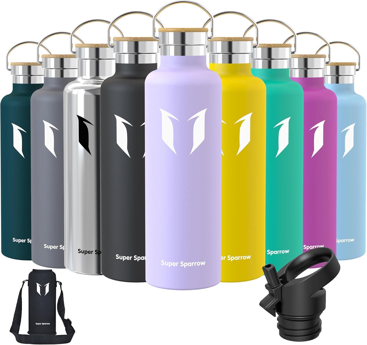image:imageSuper Sparrow Gourde Isotherme Bouteille Isotherme 350ml500ml 620ml750ml1L tanche Sport Gourde INOX Bouche Standard Gourde Enfant sans BPA Pour Plein Air amp Quotidien Avec 2 BouchonsLavande