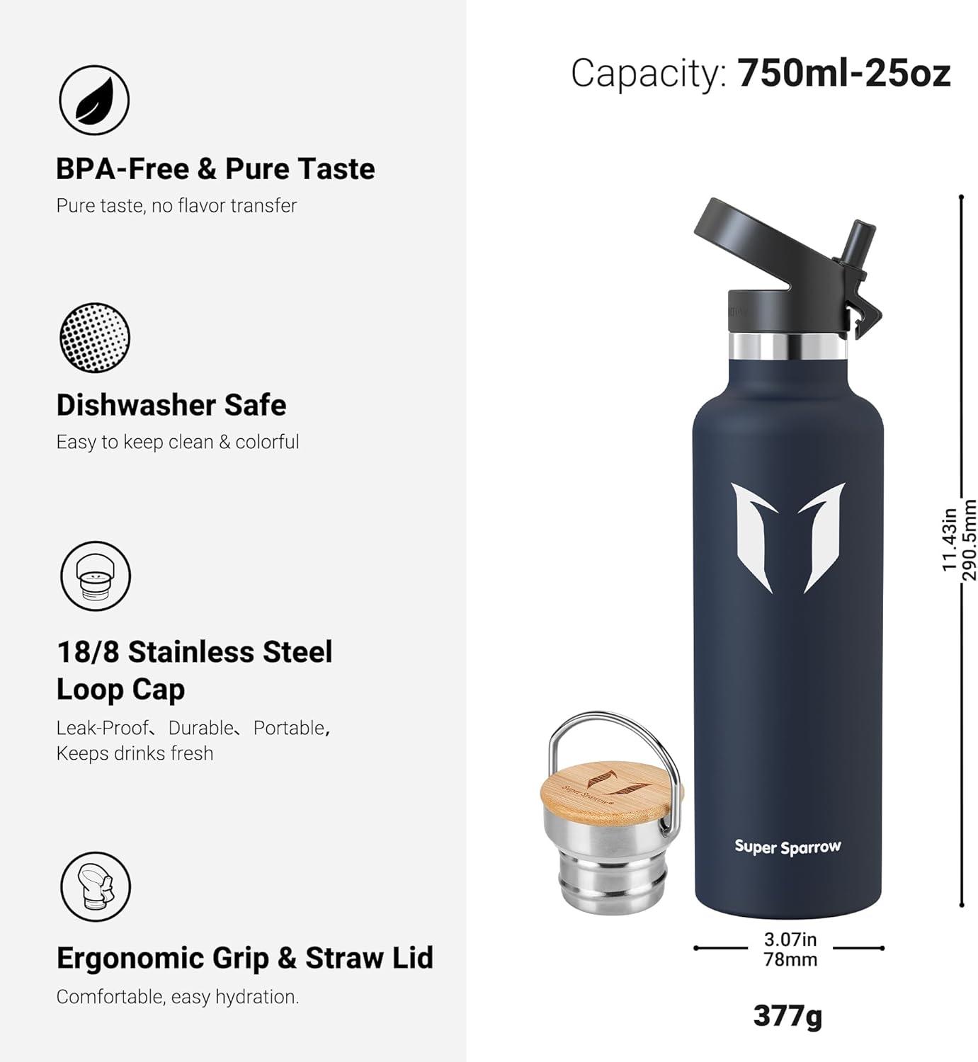 image:imageSuper Sparrow Gourde Isotherme Bouteille Isotherme 350ml500ml 620ml750ml1L tanche Sport Gourde INOX Bouche Standard Gourde Enfant sans BPA Pour Plein Air amp Quotidien Avec 2 BouchonsMer Bleue