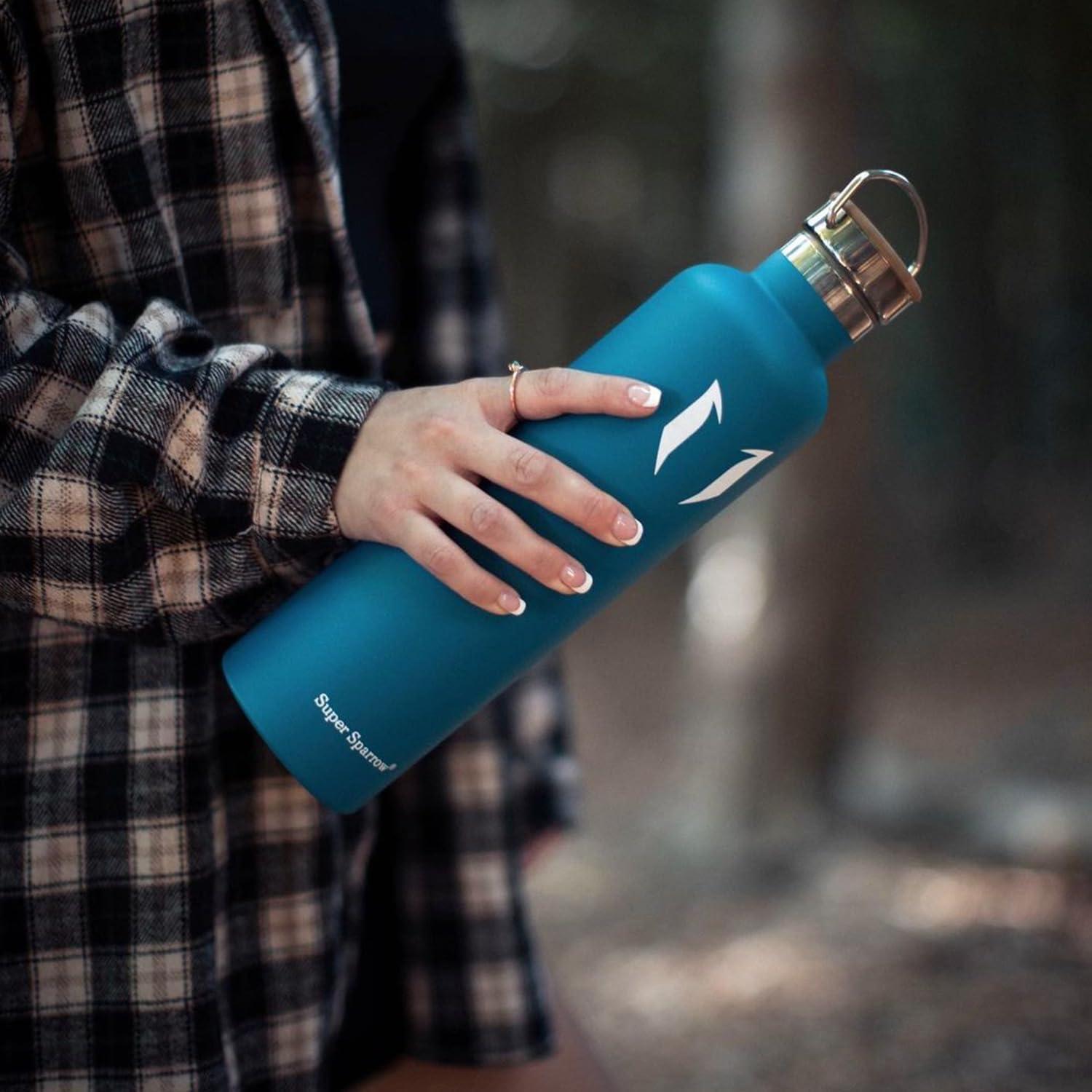 image:imageSuper Sparrow Gourde Isotherme Bouteille Isotherme 350ml500ml 620ml750ml1L tanche Sport Gourde INOX Bouche Standard Gourde Enfant sans BPA Pour Plein Air amp Quotidien Avec 2 BouchonsMer Bleue