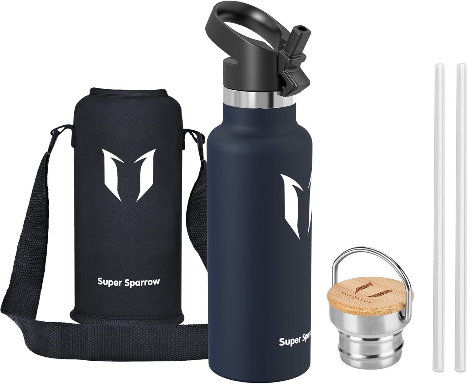 image:imageSuper Sparrow Gourde Isotherme Bouteille Isotherme 350ml500ml 620ml750ml1L tanche Sport Gourde INOX Bouche Standard Gourde Enfant sans BPA Pour Plein Air amp Quotidien Avec 2 BouchonsMer Bleue