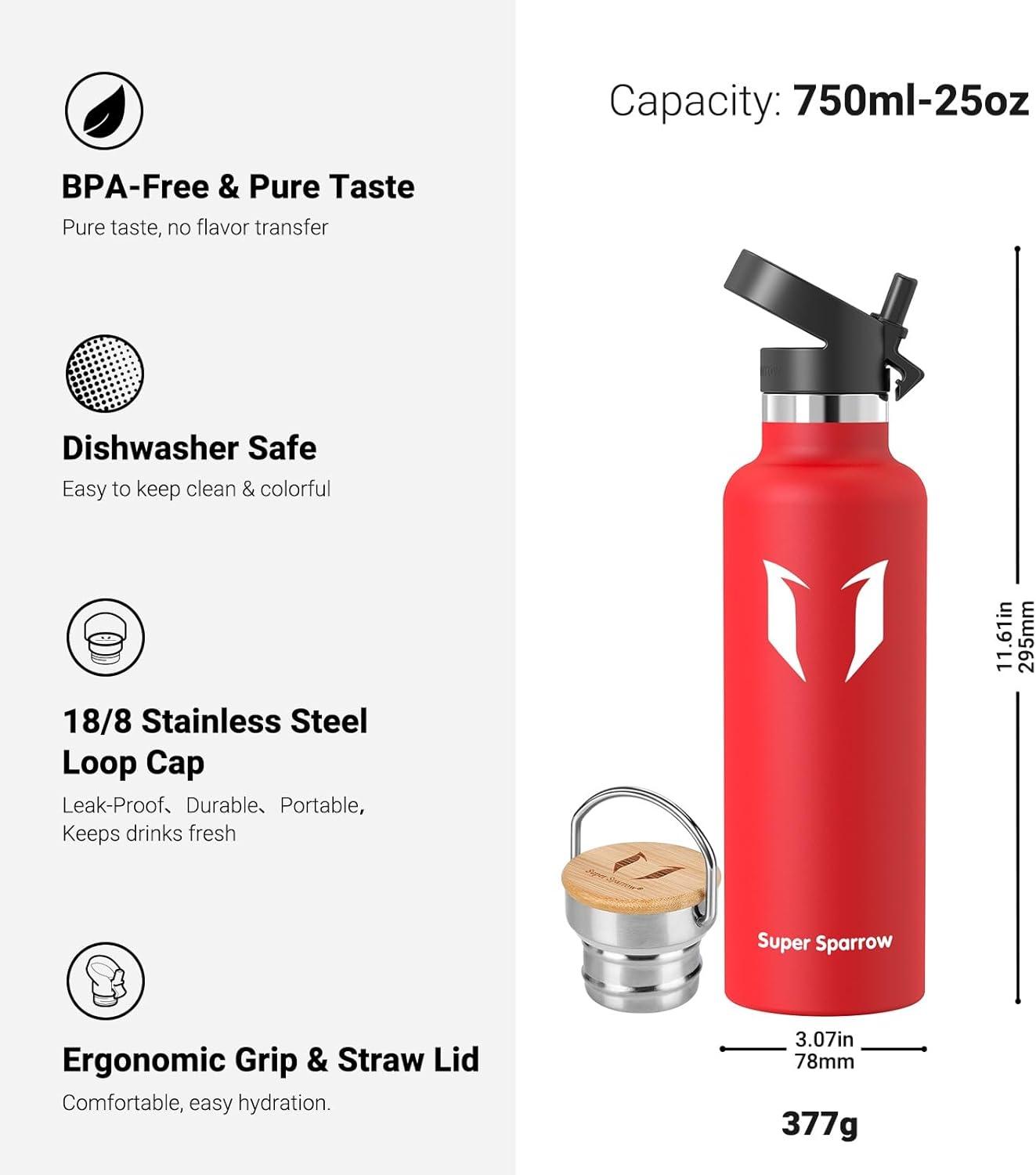 image:imageSuper Sparrow Gourde Isotherme Bouteille Isotherme 350ml500ml 620ml750ml1L tanche Sport Gourde INOX Bouche Standard Gourde Enfant sans BPA Pour Plein Air amp Quotidien Avec 2 BouchonsLave
