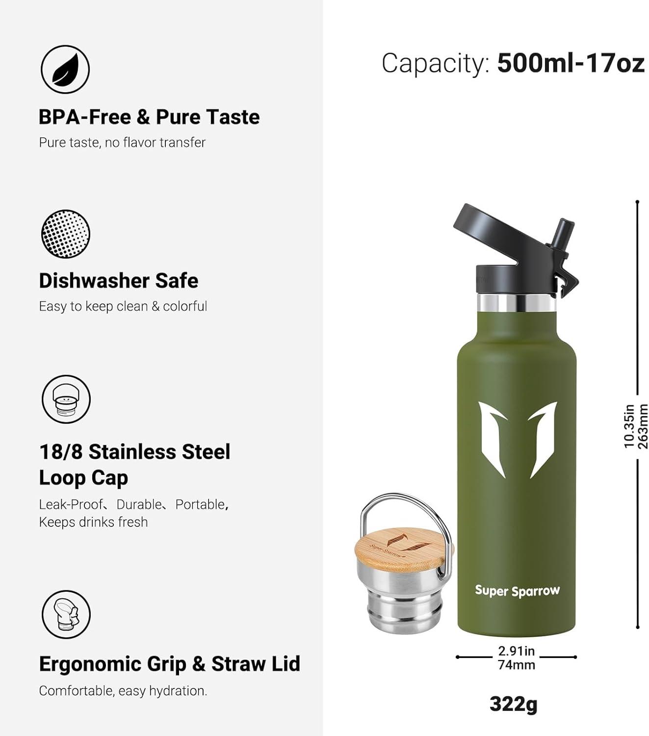 image:imageSuper Sparrow Gourde Isotherme Bouteille Isotherme 350ml500ml 620ml750ml1L tanche Sport Gourde INOX Bouche Standard Gourde Enfant sans BPA Pour Plein Air amp Quotidien Avec 2 BouchonsArme Verte