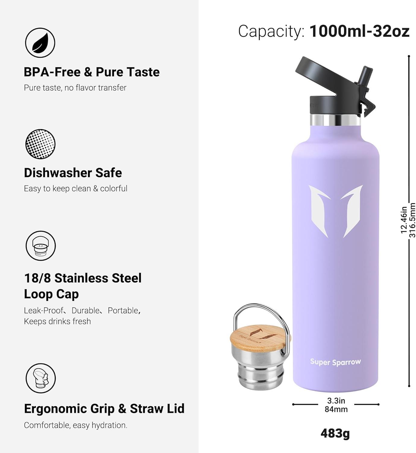 image:imageSuper Sparrow Gourde Isotherme Bouteille Isotherme 350ml500ml 620ml750ml1L tanche Sport Gourde INOX Bouche Standard Gourde Enfant sans BPA Pour Plein Air amp Quotidien Avec 2 BouchonsLavande