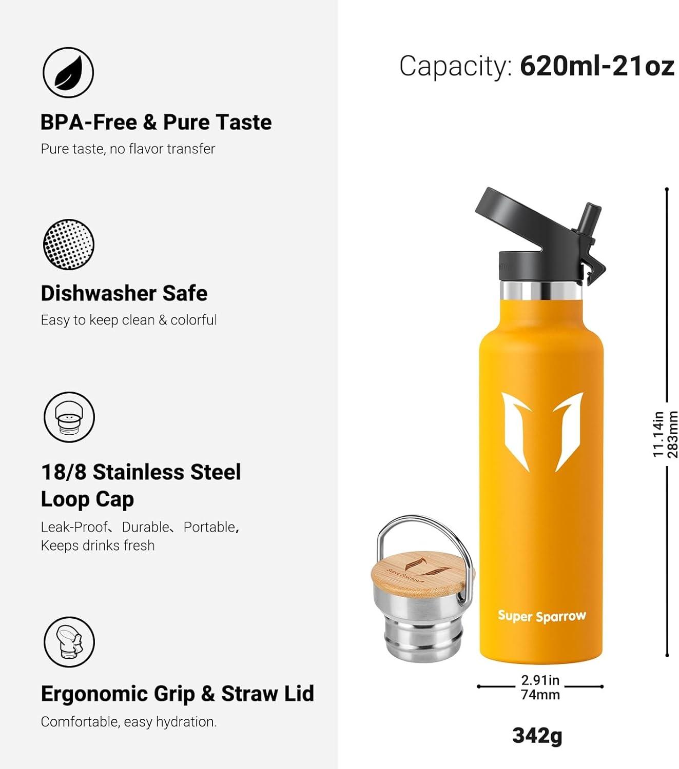 image:imageSuper Sparrow Gourde Isotherme Bouteille Isotherme 350ml500ml 620ml750ml1L tanche Sport Gourde INOX Bouche Standard Gourde Enfant sans BPA Pour Plein Air amp Quotidien Avec 2 BouchonsMangue
