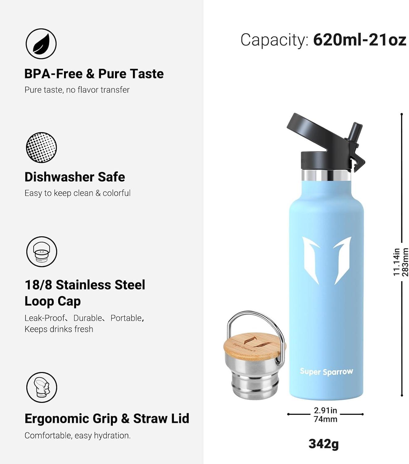 image:imageSuper Sparrow Gourde Isotherme Bouteille Isotherme 350ml500ml 620ml750ml1L tanche Sport Gourde INOX Bouche Standard Gourde Enfant sans BPA Pour Plein Air amp Quotidien Avec 2 BouchonsLe Givre