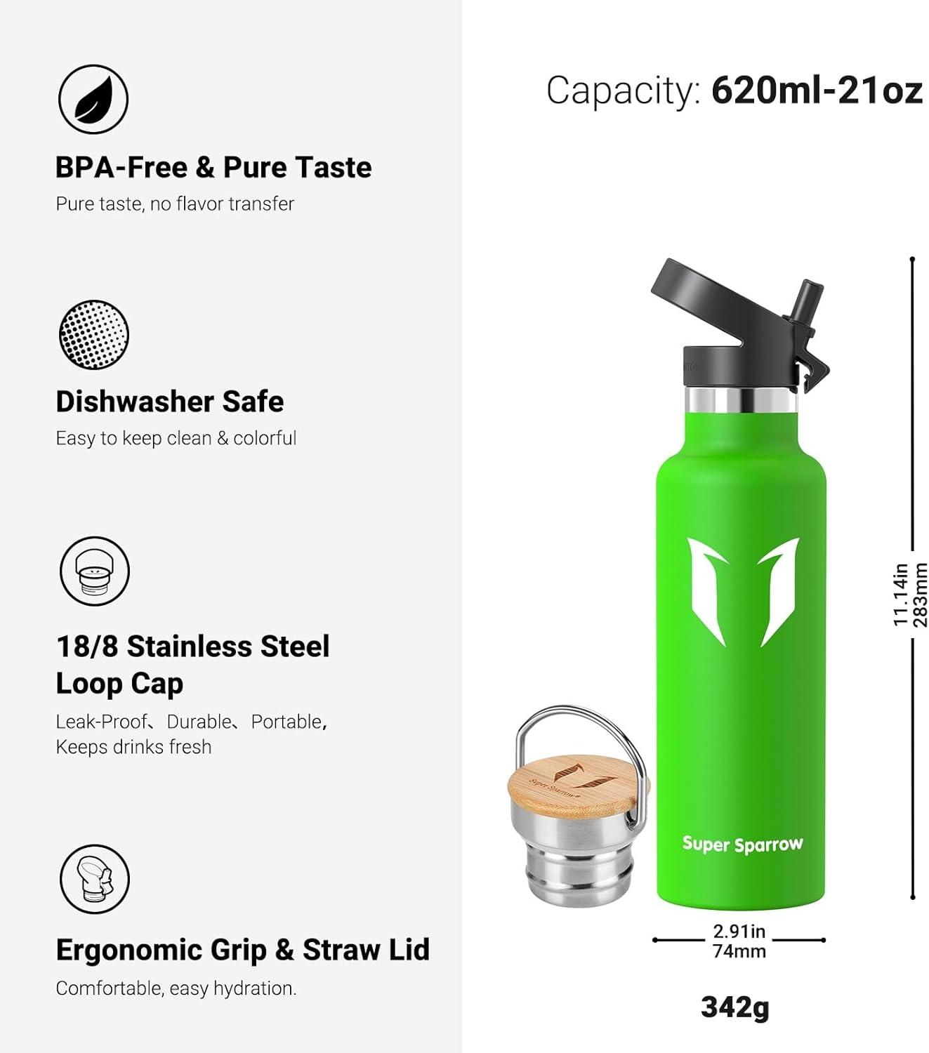 image:imageSuper Sparrow Gourde Isotherme Bouteille Isotherme 350ml500ml 620ml750ml1L tanche Sport Gourde INOX Bouche Standard Gourde Enfant sans BPA Pour Plein Air amp Quotidien Avec 2 BouchonsPomme Verte
