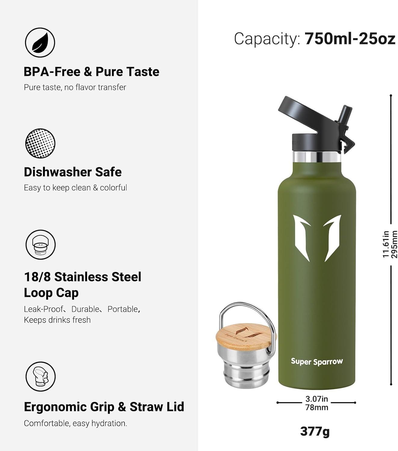 image:imageSuper Sparrow Gourde Isotherme Bouteille Isotherme 350ml500ml 620ml750ml1L tanche Sport Gourde INOX Bouche Standard Gourde Enfant sans BPA Pour Plein Air amp Quotidien Avec 2 BouchonsArme Verte