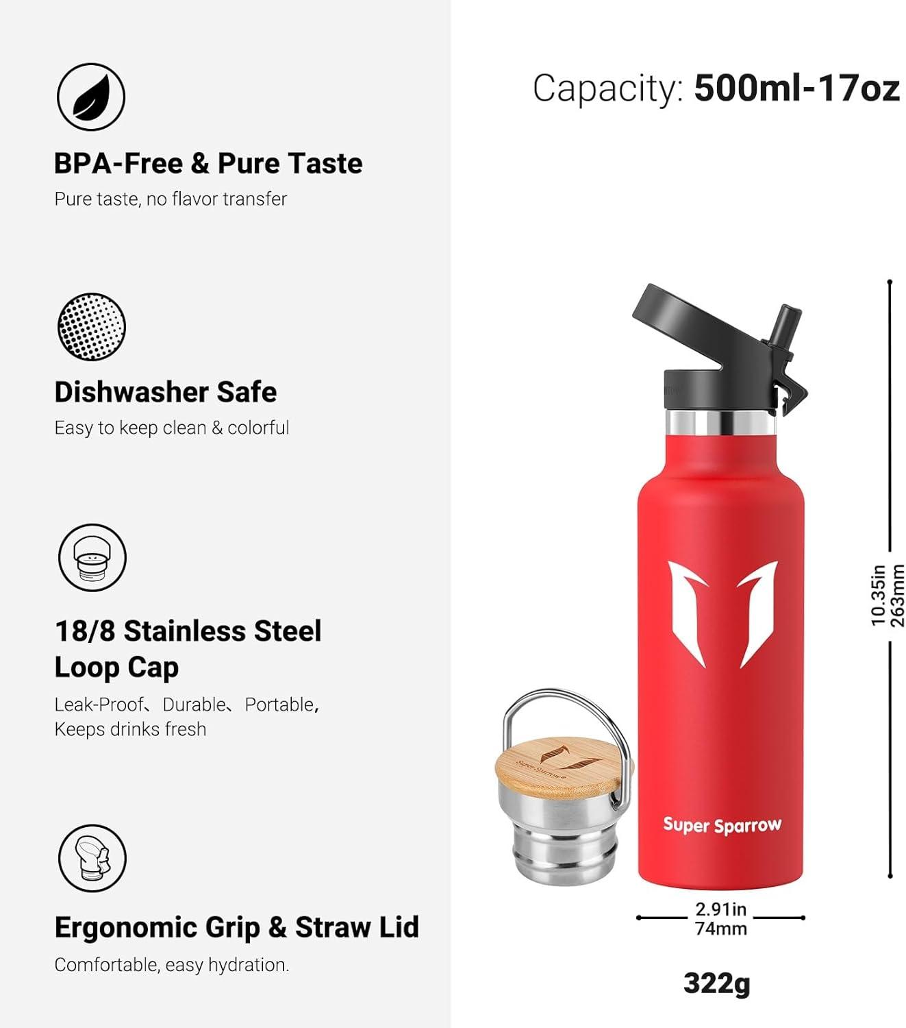 image:imageSuper Sparrow Gourde Isotherme Bouteille Isotherme 350ml500ml 620ml750ml1L tanche Sport Gourde INOX Bouche Standard Gourde Enfant sans BPA Pour Plein Air amp Quotidien Avec 2 BouchonsLave