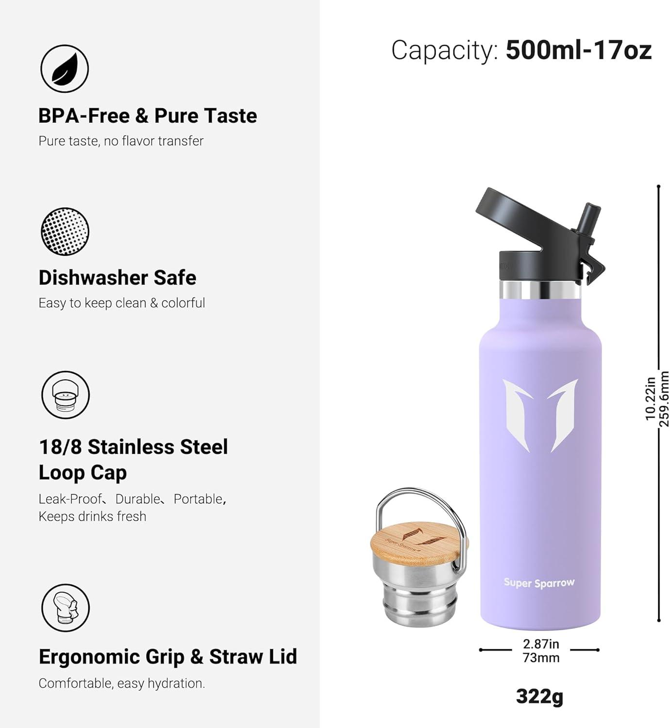 image:imageSuper Sparrow Gourde Isotherme Bouteille Isotherme 350ml500ml 620ml750ml1L tanche Sport Gourde INOX Bouche Standard Gourde Enfant sans BPA Pour Plein Air amp Quotidien Avec 2 BouchonsLavande