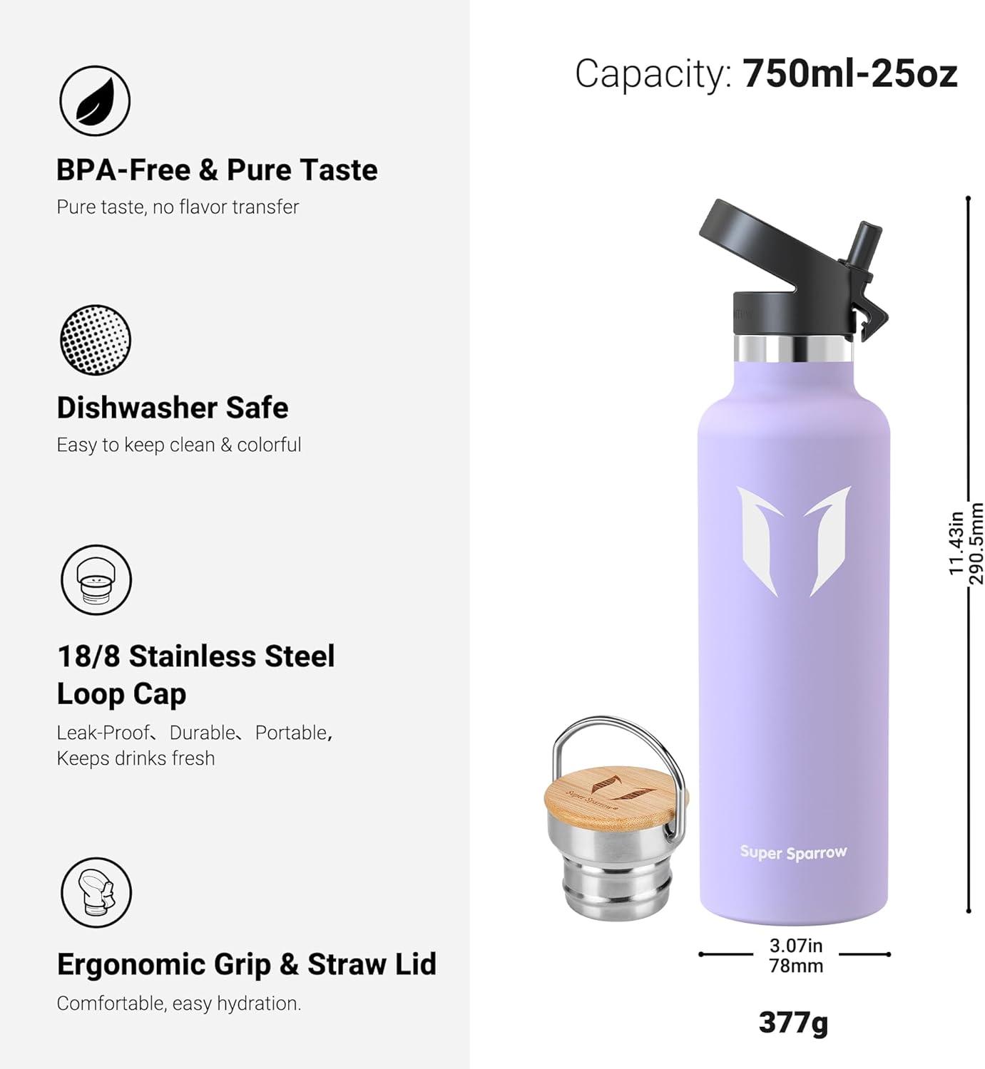 image:imageSuper Sparrow Gourde Isotherme Bouteille Isotherme 350ml500ml 620ml750ml1L tanche Sport Gourde INOX Bouche Standard Gourde Enfant sans BPA Pour Plein Air amp Quotidien Avec 2 BouchonsLavande