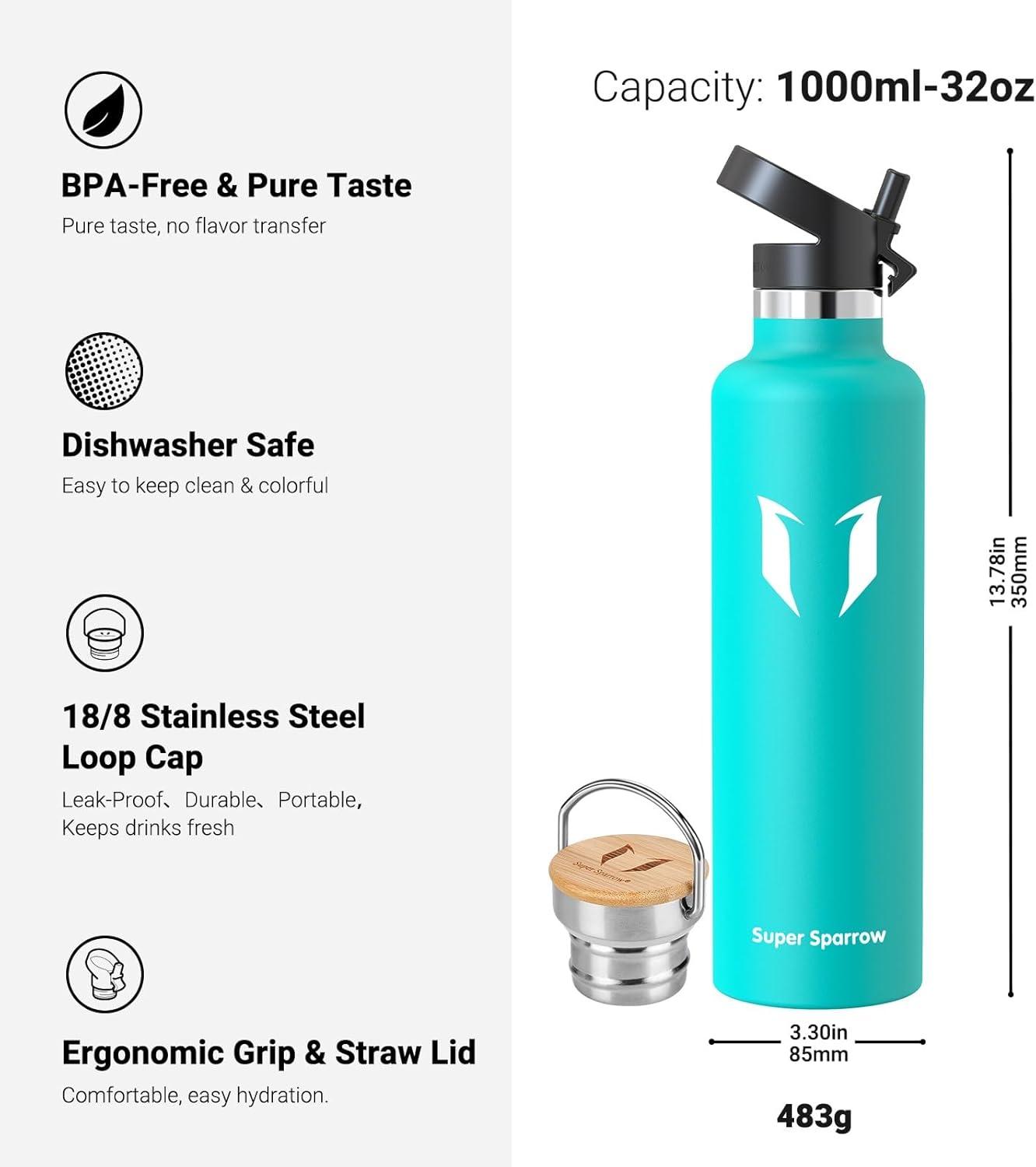 image:imageSuper Sparrow Gourde Isotherme Bouteille Isotherme 350ml500ml 620ml750ml1L tanche Sport Gourde INOX Bouche Standard Gourde Enfant sans BPA Pour Plein Air amp Quotidien Avec 2 BouchonsMenthe