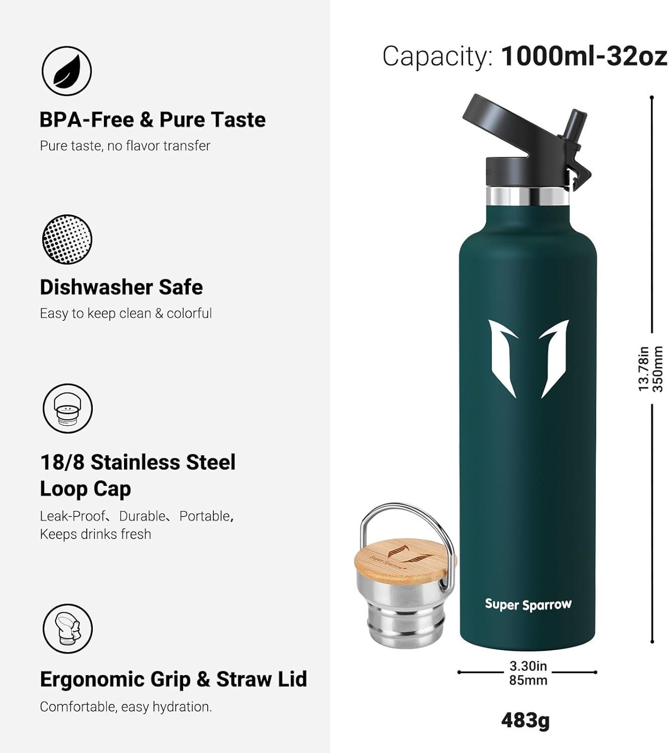 image:imageSuper Sparrow Gourde Isotherme Bouteille Isotherme 350ml500ml 620ml750ml1L tanche Sport Gourde INOX Bouche Standard Gourde Enfant sans BPA Pour Plein Air amp Quotidien Avec 2 BouchonsJade